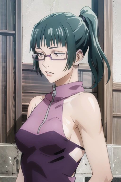 Maki, beautiful girl, nude, naked, dark green hair, ponytail, glasses, large breasts, big breasts, big boobs, pink nipples, nude, slim, sexy, tall, nude, half body, upper body, small smile