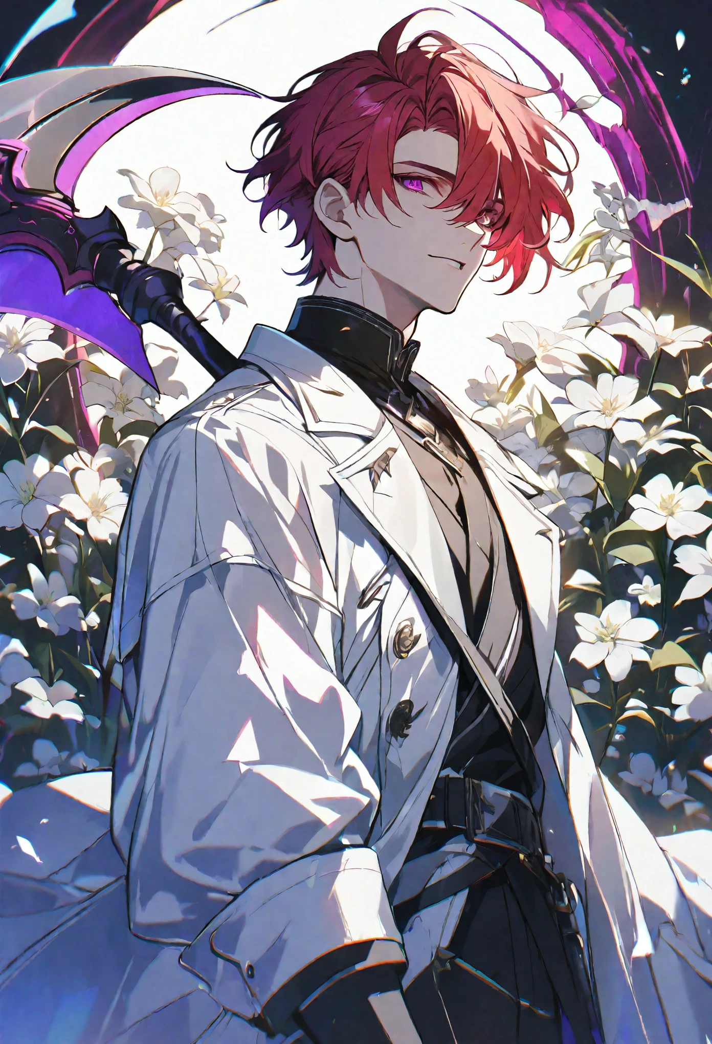 solo, handsome, 1 male, white coat, short hair, red hair, magenta eyes, black light, white scythe, white flower