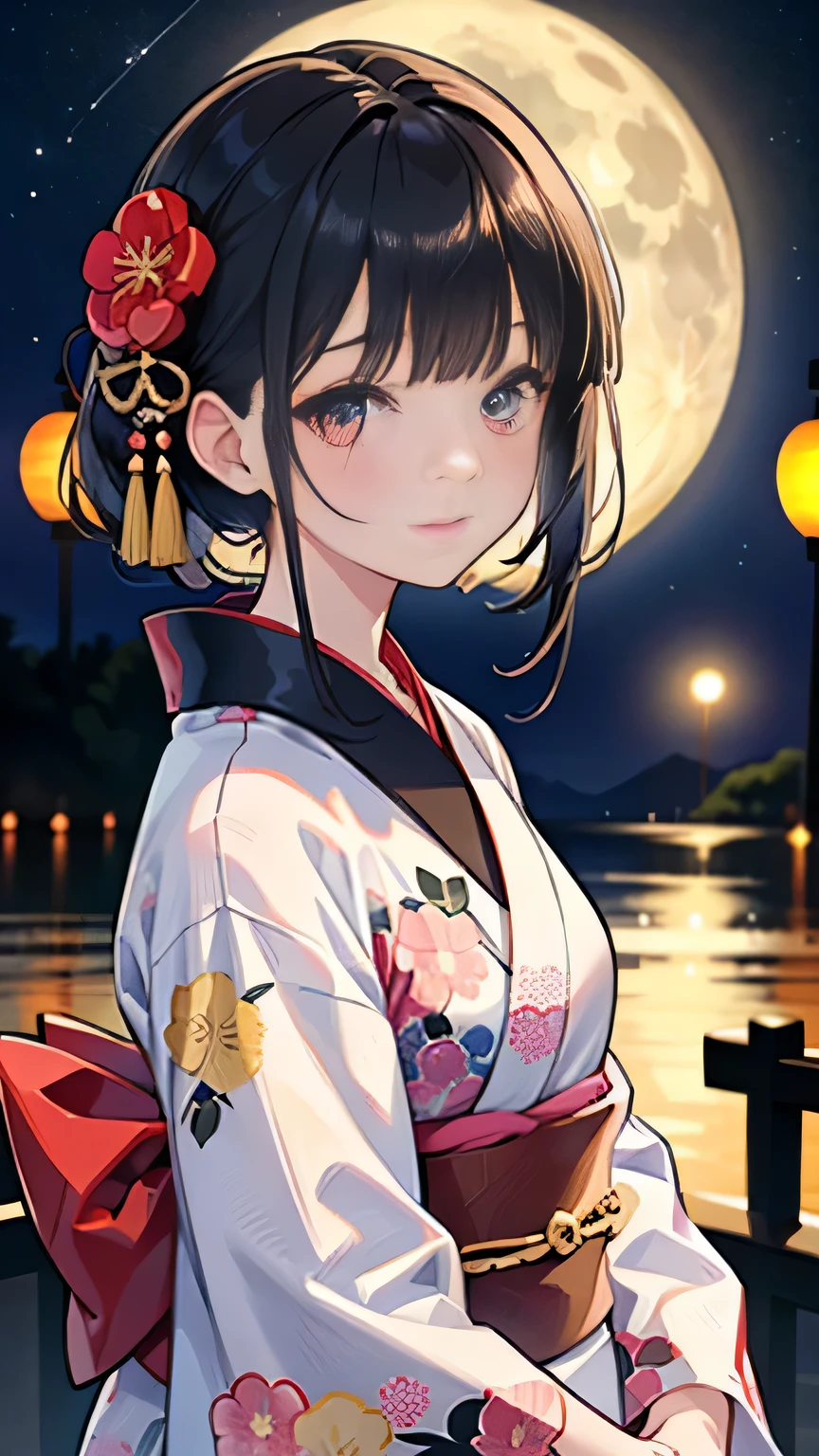 ♥(Japanese beautiful flower printed kimono,yukata),((1girl,cute,young,semi long beautiful black hair,blunt bangs,twin tales,beautiful eyes)),(solo),((masterpiece, highest resolution,best quality)), (beautiful illustration),(Japanese beautiful flower printed kimono,yukata),
(looking at the viewer), innocent smile,cinematic lighting,Japanese Festival,stall,fireworks,night sky,full moon,shooting star,