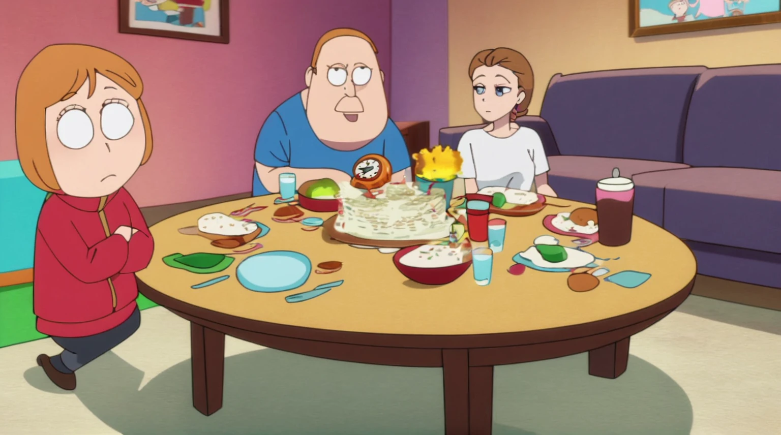 cartoon of a man and woman sitting at a table with a clock, animated episode still, south park, eric cartman, from family guy, nbc, eric cartman in real life, in style of south park, animated still, animation still screencap, animation still, family guy, peggy hill, animated film still, brian griffin, complex scene, family guy style