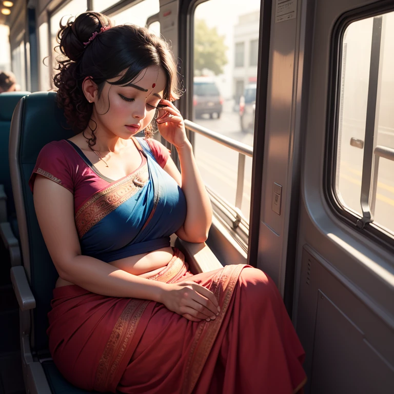 1 beautiful Indian woman, sleeping with her mouth open, lips open, sleeping sitting on the indian bus seat, curly hair, all hair tied up with a hair clip in a single bun, Indian silk saree, wide, blue bag, curvy woman; chubby woman, full body view,outlined eyes, eyes closed, head resting on seat, sitting near window, head side down.on night travel