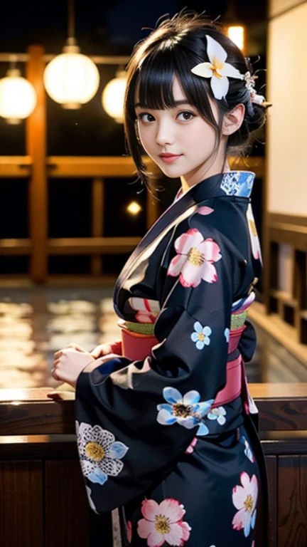 ♥(Japanese beautiful flower printed kimono,yukata),((1girl,cute,young,semi long beautiful black hair,blunt bangs,twin tales,beautiful eyes)),(solo),((masterpiece, highest resolution,best quality)), (beautiful illustration),(Japanese beautiful flower printed kimono,yukata),
(looking at the viewer), innocent smile,cinematic lighting,Japanese Festival,stall,fireworks,night sky,full moon,shooting star,