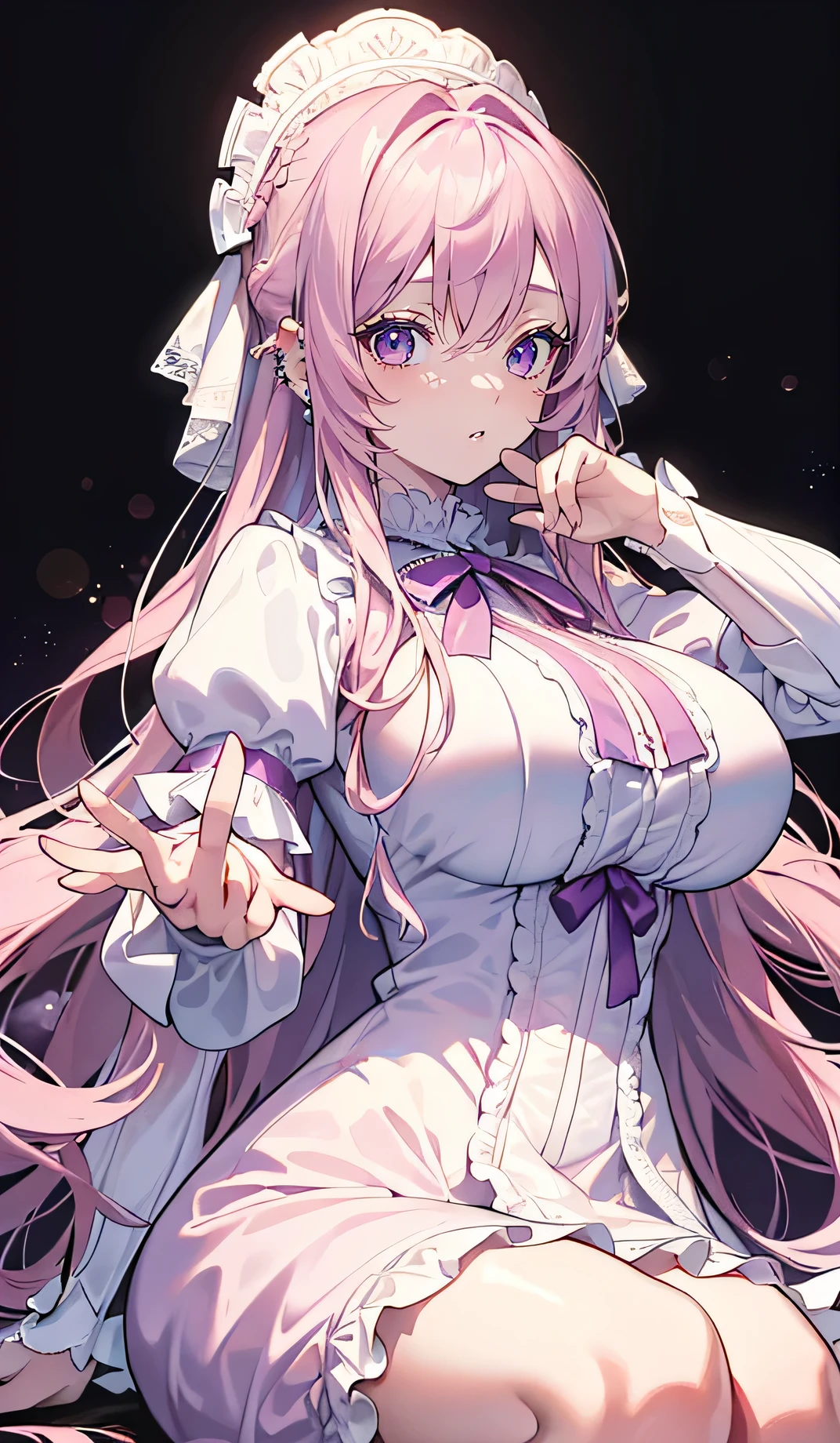 (Masterpiece, best quality), complicated details, 8k, Sharp focus, (Bokeh) (best quality) (Fine skin:1.3) (complicated details) (8k) (Detailed eyes) (anime girl) (light pink hair) (Big breasts) (long hair) (piercing hair) (Wavy hair) (mature) (purple eyes) (elegant) (Regal) (vintage) (beautiful) (dynamic gesture) (ta dress) (lace) (ribbon)
