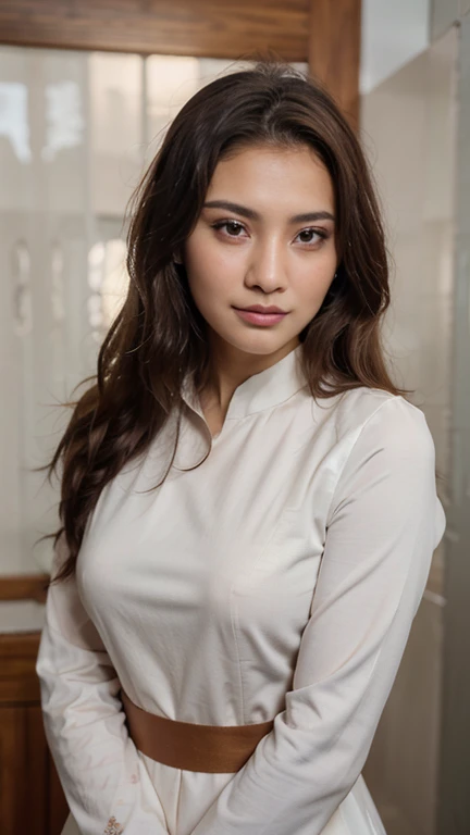 (best quality,4k,8k,highres,masterpiece:1.2), ultra-detailed, realistic, full portrait, rules of third, beautiful 21-year-old Malay girl, perfect face, perfect body, dark flowing hair, happy expression, wearing white color long sleeve baju kurung with floral design, vibrant colors, soft lighting, grey wallpaper in studio background