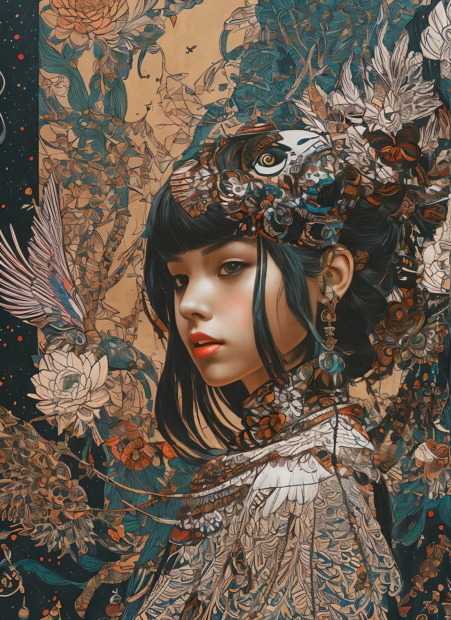 znchn style, formal, masterpiece, beautiful, High Contrast, art, face focus portrait, Cute girl in fantasy clothes, bird, Leather clothing, Facing audience, Hands at your side, Flowers, brown hair, Blunt bangs, long hair on the shoulders,  lips eyelashes, forest,　scarf, figure, Subtle colors, profile, Subtle colors, post grunge, concept art, Paint splatter, Intricate details. Very detailed, Fine grain, Trending on artstation, by josan gonzales and wlop, By James Jean,  David Rabun, Mike Mignola, Laurie Greasley,Ultra high definition