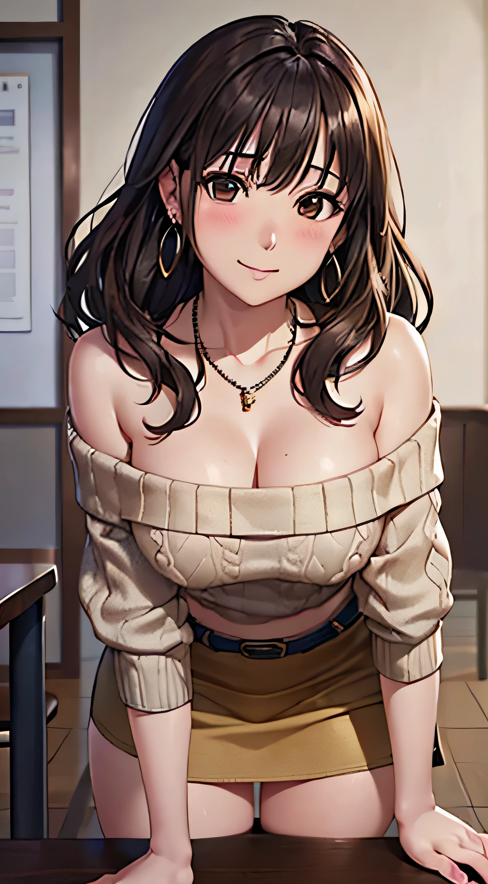(Tabletop, highest quality, High resolution, , Perfect Pixel, 4K,), 1 girl, single, alone, Beautiful woman、I could see the whole body、 ((Wavy mid-hair, bangs, brown hair)), ((Brown eyes, Beautiful eyelashes, Realistic eyes)), ((Detailed face, blush:1.2)), ((Smooth texture:0.75, Realistic texture:0.65, Realistic:1.1, Anime CG Style)), Medium chest, Dynamic Angle, Perfect body, female teacher、((, beige off shoulder sweater、Tight denim skirt、Black Stockings、Cute Necklace、Earrings、)), Looking up、A shy smile、look back、leaning forward、)、Angle from below、、、