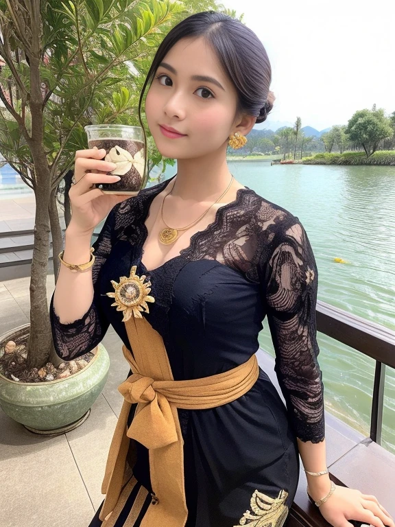 (nsfw:1.2), Hyperealism, 8k, textured skin, masterpiece, best quality, super detailed, beautiful, insanely detailed, absurdres,perfect anatomy, best anatomy,
an Indonesian girls, 20 years old, epic skin, black hair in a single big bun, beautiful face, perfect anatomy, wearing gold earrings, gold necklace, bracelet, wearing a green traditional Indonesian kebaya clothes, wearing an intricately patterned brown batik tapih indonesia, (heavy big breasts), was sitting by the lake, holding glass coffee: 1.2, holding a glass of hot coffee, enjoying the coffee and the view, the view was very beautiful, several birds flying: 1.2, flowers on the edge of the lake: 1.2, lotus flowers in the water: 1.0, fish appearing in the water: 1.2, the atmosphere was very realistic: 1.5, side corner shot, intricate, wide shot, canon, fujifilm, realistic photo, beest color, expert photography.