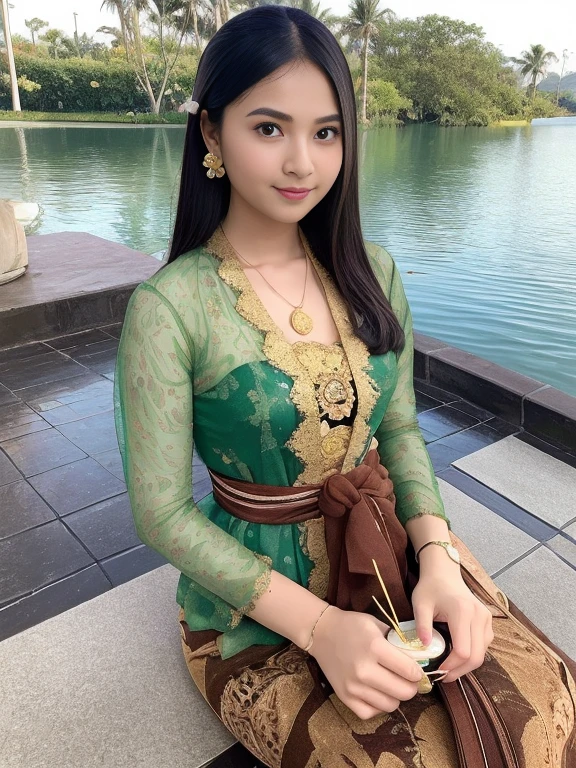 (nsfw:1.2), Hyperealism, 8k, textured skin, masterpiece, best quality, super detailed, beautiful, insanely detailed, absurdres,perfect anatomy, best anatomy,
an Indonesian girls, 20 years old, epic skin, black hair in a single big bun, beautiful face, perfect anatomy, wearing gold earrings, gold necklace, bracelet, wearing a green traditional Indonesian kebaya clothes, wearing an intricately patterned brown batik tapih indonesia, (heavy big breasts), was sitting by the lake, holding glass coffee: 1.2, holding a glass of hot coffee, enjoying the coffee and the view, the view was very beautiful, several birds flying: 1.2, flowers on the edge of the lake: 1.2, lotus flowers in the water: 1.0, fish appearing in the water: 1.2, the atmosphere was very realistic: 1.5, side corner shot, intricate, wide shot, canon, fujifilm, realistic photo, beest color, expert photography.