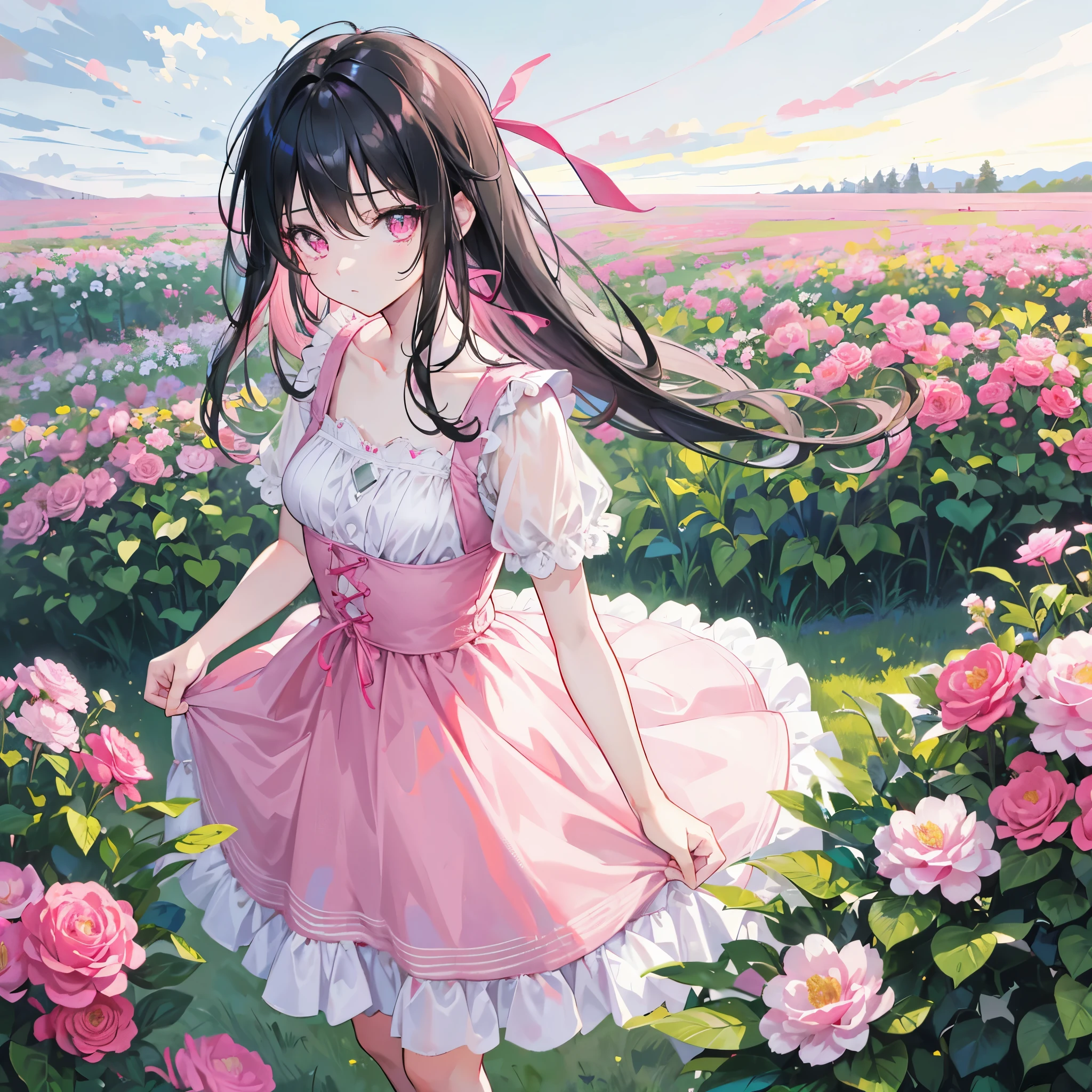 Main Subject: 1 girl only, adult girl, mature, moderately sized chest, long black hair, slim face, pink eyes, 1 pink ribbon on hair, wearing cute clothes, farmer, charming, cute face. Subject Position: standing, looking at camera. Setting: flower fields, morning sky. High contrast, sharp light, clear image.