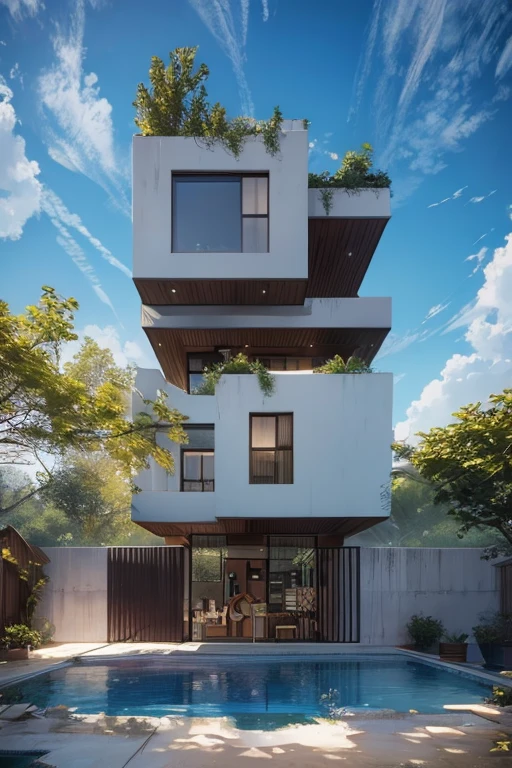 humanized plan of house with 2 suites, swimming pool, garage for two cars, setbacks with landscaping  