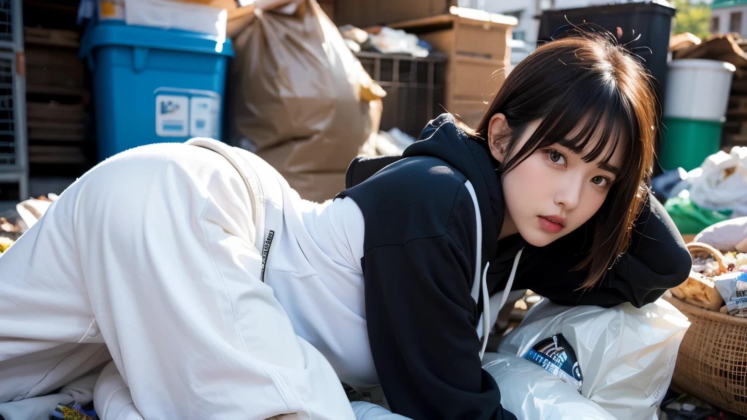 18-year-old,Korean women,(((Buried in a large amount of garbage))),(((Frowning,painful face,カメラをGlaring))),(Very fine eye), (((Wearing a black hoodie,Wearing baggy pants))),((photograph)),(((Fabric Shading))), (((highest quality))), (((masterpiece))) strong girl, ((((Realistic)))),,Black Hair, chic hairstyle, ((With bangs,Straight medium bob cut, nice hair)), Light makeup,Red eyes, (((I'm not wearing lipstick))),(((surrounded by a lot of rubbish))), (nice, strong), Strong night atmosphere, Centered Images, Focus on the camera, Elegant colors,Realistic Skin,Realistic texture,8k,whole body,Pale skin, (((Dirty garbage dump))),A huge amount of trash,Red iris,Expressionless,Glaring,Perfect Face,(((Big eyes))),She is wearing wide black pants,Mouth closed, portrait of aespaのウィンター,彼女は黒いStreetwearを着ている, 黒いStreetwearを着た女性, 黒いハイテクな服を着た女性のphotograph, Girl wearing black hoodie, Streetwear, street fashion e-girl,