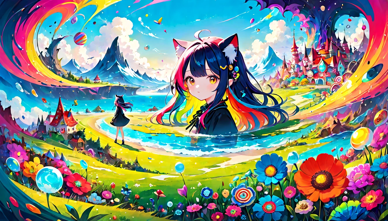 Create a distorted and chaotic landscape with vibrant colors and surreal elements, featuring a cute girl with colorful hair and whimsical accessories.chat ear. long hair