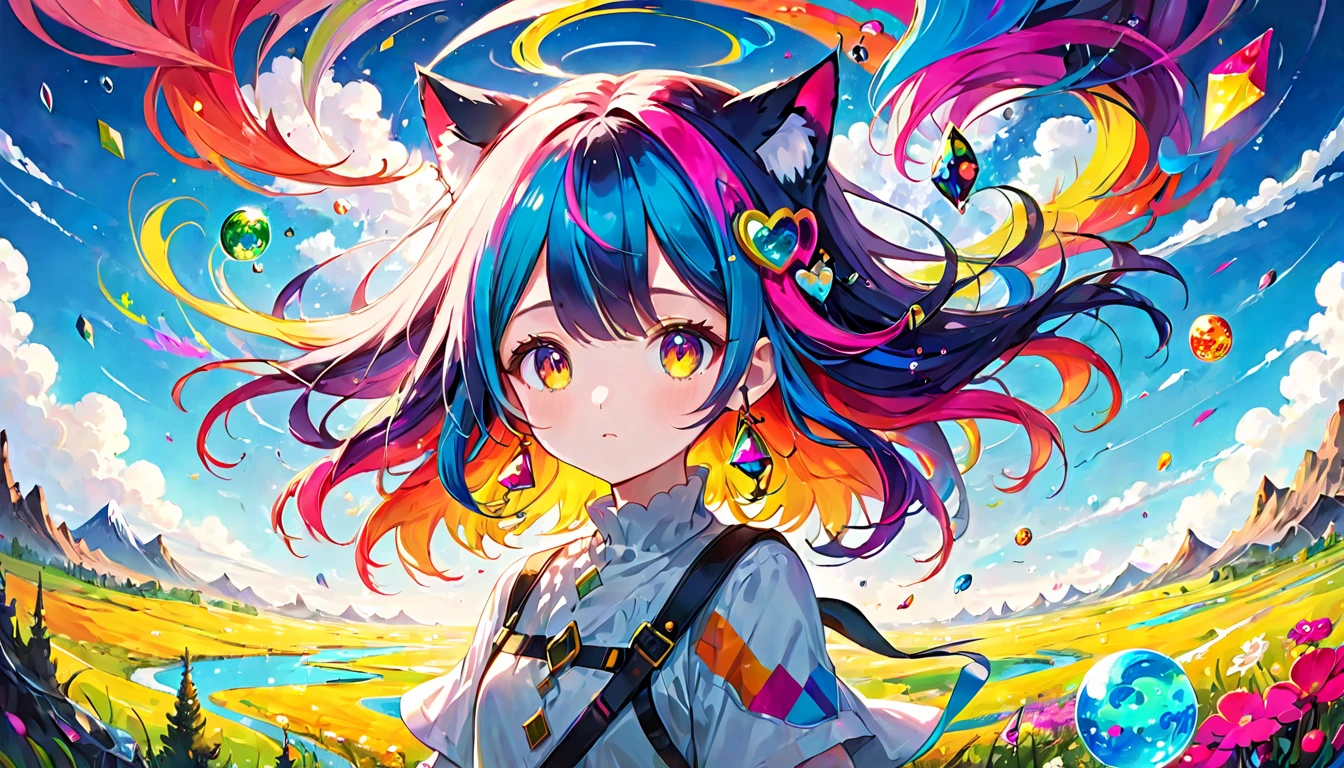 Create a distorted and chaotic landscape with vibrant colors and surreal elements, featuring a cute girl with colorful hair and whimsical accessories.chat ear. long hair