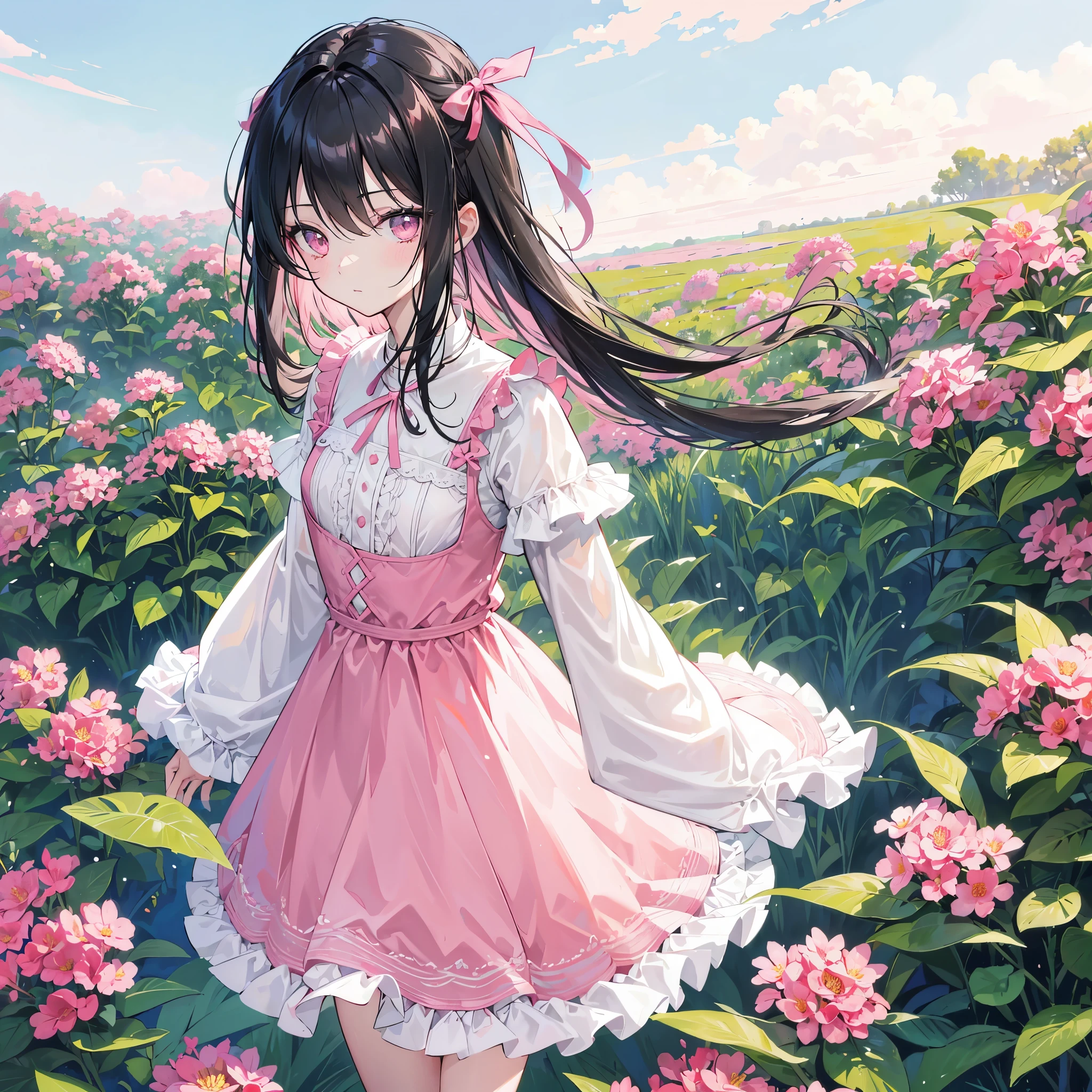 Main Subject: 1 girl only, adult girl, mature, moderately sized chest, long black hair, slim face, pink eyes, 1 pink ribbon on hair, wearing cute clothes, farmer, charming, cute face. Subject Position: standing, looking at camera. Setting: flower fields, morning sky. High contrast, sharp light, clear image.