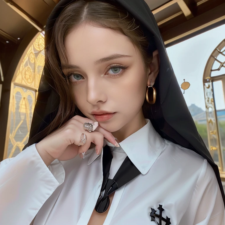 1 miniature Beautiful beautiful woman - Yuan Sayuki, ((top quality, 8K, Masterpiece:1.retty woman, 1 woman, huge breasts:1.3, a slim body:1.1, lush white short hair, (shower, wet body, wet clothes:1.1), very detailed face, detailed lips, detailed eyes, double eyelids, Detailed blue eyes, чрезвычайно Detailed Outstanding Blue Eyes, short white wet hair, white wet hair, Detailed Outstanding Blue Eyes, innocent look at the viewer, ,very wet wavy white hair, Detailed Outstanding Blue Eyes, huge cross earrings, Inside a church, badges behind, gothic wedding uniform, sexy gothic style wedding dress with veil, bare chest, huge chest tattoo wearing a wreath, detailed huge catholic cross earrings, chest tattoo, Inside a temple, wear a silver cross (Detailed cross shape), reality mode, wet breasts, black necklace, black wedding dress and black veil, human crowd behind, head/forehead chain veil, black latex gloves, naked breasts, naked breasts, naked nipples, hair of white snowy colour, night time, red neon lights, demonic nun, nimbus (golden lighting ring above her head), angel, sexy Nun uniform