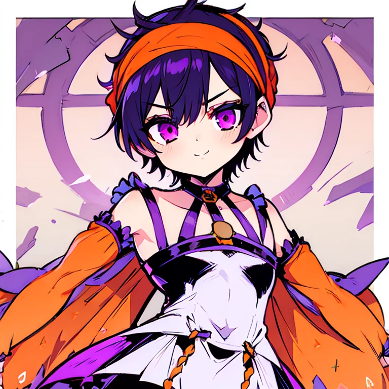 Lolita Clothing、boy、Slim body、Anatomically correct、Eyebrows、Thin eyebrows、Narancha、Purple Eyes、orange,short hair,iris,Black Hair,A light smile, ,head band, (masterpiece:1.2),(highest quality:1.2),pixiv