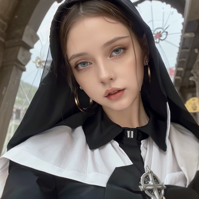 1 miniature Beautiful beautiful woman - Yuan Sayuki, ((top quality, 8K, Masterpiece:1.retty woman, 1 woman, huge breasts:1.3, a slim body:1.1, lush white short hair, (shower, wet body, wet clothes:1.1), very detailed face, detailed lips, detailed eyes, double eyelids, Detailed blue eyes, чрезвычайно Detailed Outstanding Blue Eyes, short white wet hair, white wet hair, Detailed Outstanding Blue Eyes, innocent look at the viewer, ,very wet wavy white hair, Detailed Outstanding Blue Eyes, huge cross earrings, Inside a church, badges behind, gothic wedding uniform, sexy gothic style wedding dress with veil, bare chest, huge chest tattoo wearing a wreath, detailed huge catholic cross earrings, chest tattoo, Inside a temple, wear a silver cross (Detailed cross shape), reality mode, wet breasts, black necklace, black wedding dress and black veil, human crowd behind, head/forehead chain veil, black latex gloves, naked breasts, naked breasts, naked nipples, hair of white snowy colour, night time, red neon lights, demonic nun, nimbus (golden lighting ring above her head), angel, sexy Nun uniform