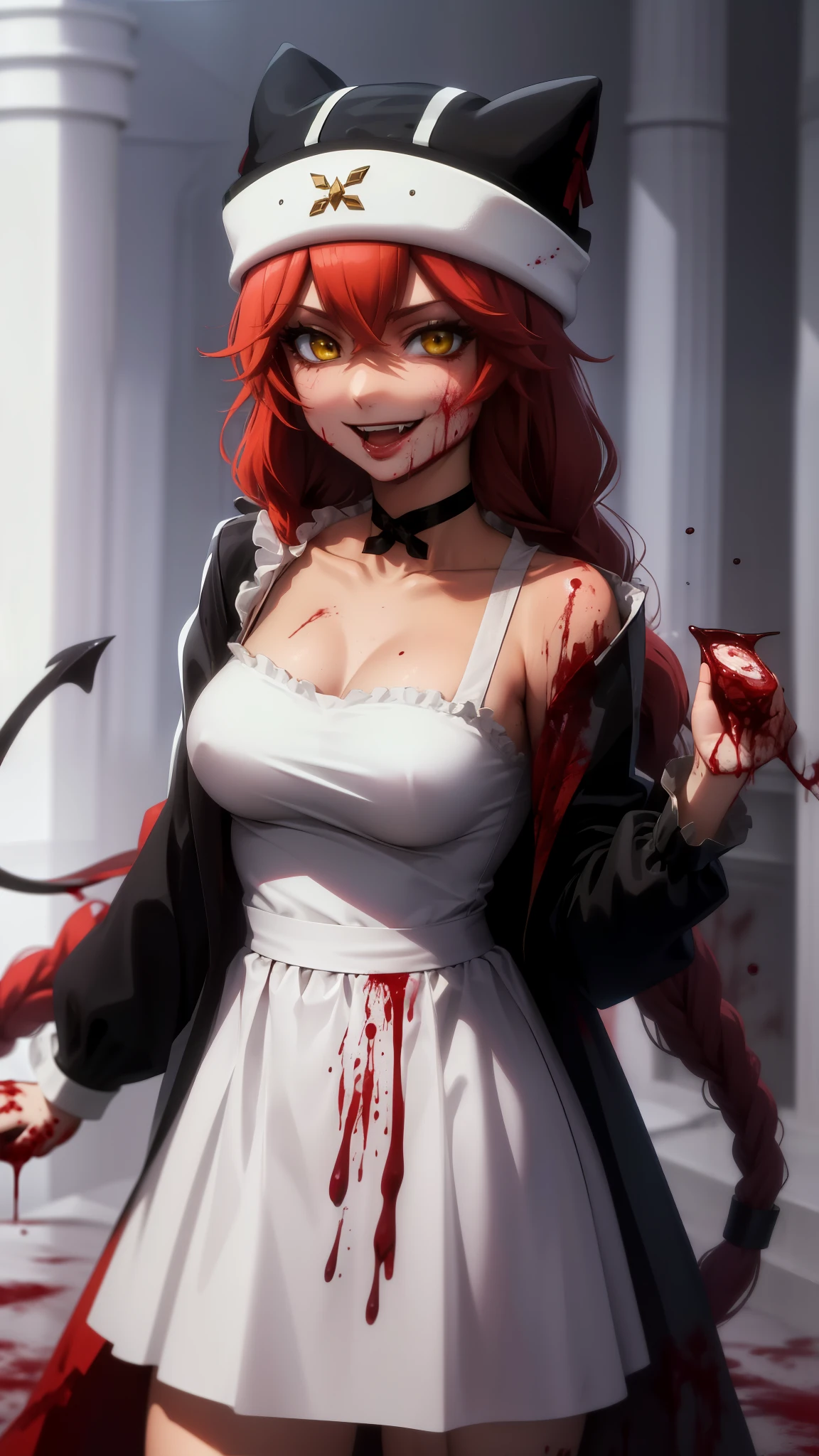 (best quality,highres,masterpiece),solo, realistic art,Hoshizora rin love live, orange hair, yellow eyes, realistic doll, horror, empty eyes, looking at viewer,dark room,dark blood