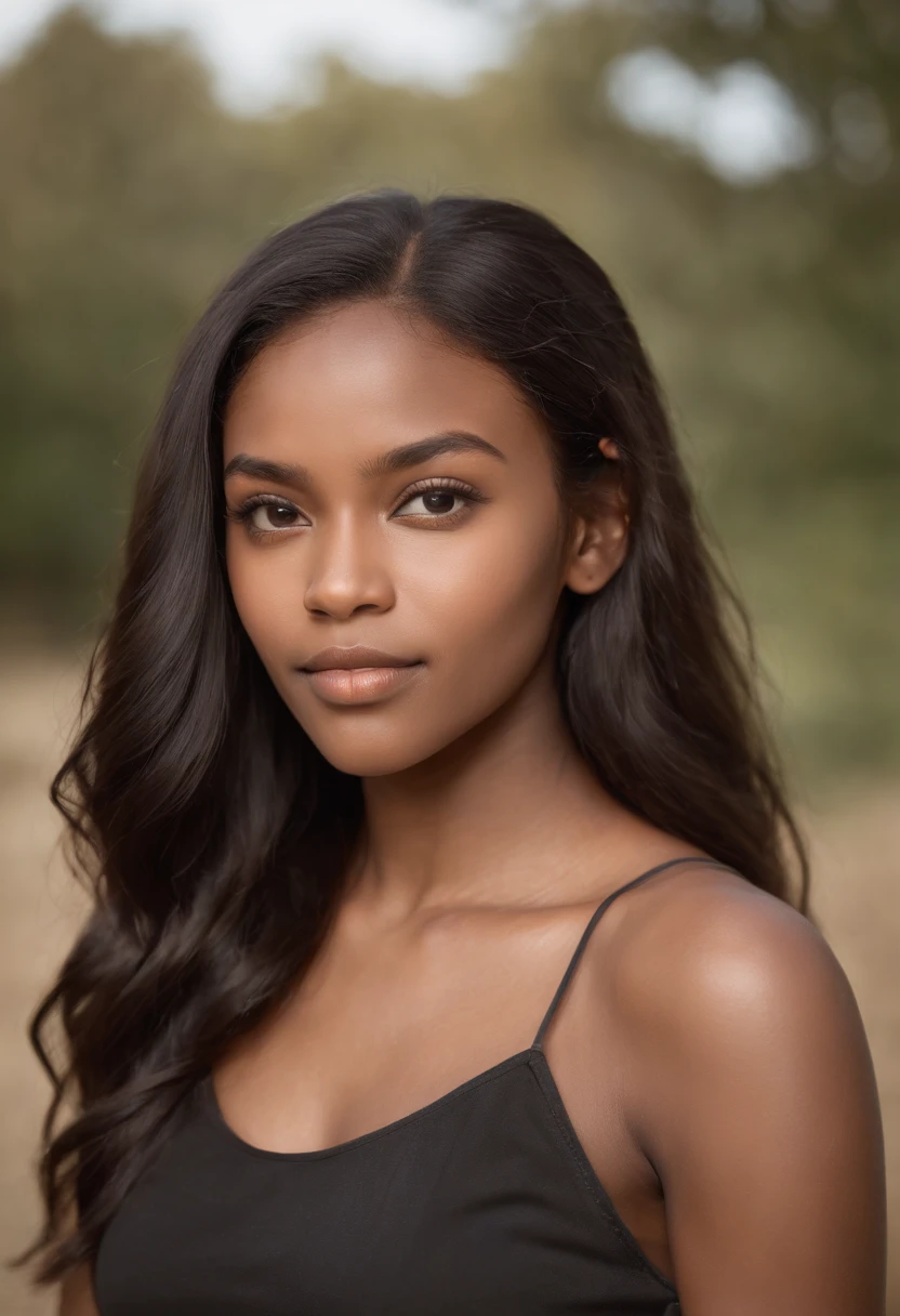 A photorealistic portrait of a 21-year-old african girl with long, flowing dark hair and striking dark eyes. She should have a natural, approachable expression and be illuminated by soft, golden-hour sunlight. The background should be a scenic outdoor setting, perhaps a sunlit park or beach. Capture this image with a high-resolution photograph using an 85mm lens for a flattering perspective.
