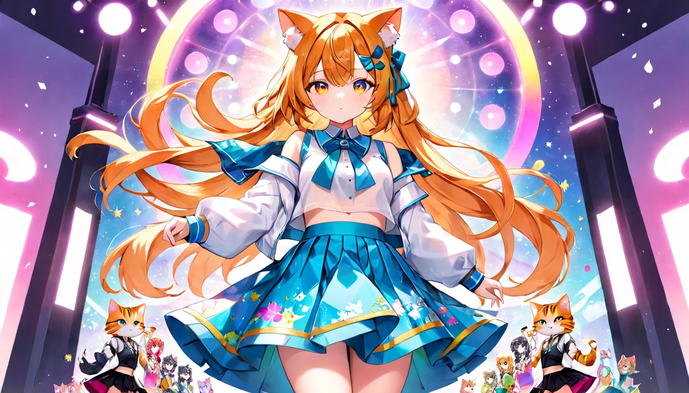 Create an image featuring an idol with a vibrant and eye-catching skirt, styled in a way that highlights the design and colors of the skirt. The idol should be portrayed in a fashionable and elegant manner, showcasing the skirt as a central piece of the outfit. The background should complement the overall aesthetic and draw attention to the skirt in a tasteful and artistic way.cat ear