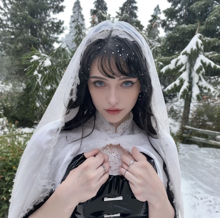 1 miniature Beautiful beautiful woman - Yuan Sayuki, ((top quality, 8K, Masterpiece:1.retty woman, 1 woman, huge breasts:1.3, a slim body:1.1, lush white short hair, (shower, wet body, wet clothes:1.1), very detailed face, detailed lips, detailed eyes, double eyelids, Detailed blue eyes, чрезвычайно Detailed Outstanding Blue Eyes, short white wet hair, white wet hair, Detailed Outstanding Blue Eyes, innocent look at the viewer, very wet wavy white hair, Detailed Outstanding Blue Eyes, huge cross earrings, Outdoors, badges behind, gothic wedding uniform, sexy gothic style wedding dress with veil, bare chest, huge chest tattoo wearing a wreath, detailed huge catholic cross earrings, chest tattoo, Outside - there are trees and a buddhist temple in the background (mountain vicinity), wear a silver cross (Detailed cross shape), reality mode, wet breasts, black necklace, black wedding dress and black veil, human crowd behind, head/forehead chain veil, black latex gloves, naked breasts, naked breasts, naked nipples, hair of white snowy colour, night time, red neon lights, demonic nun, nimbus (golden lighting ring above her head), angel, snowy weather, Detailed buddhist temple behind, naked breasts, detailed round glassed