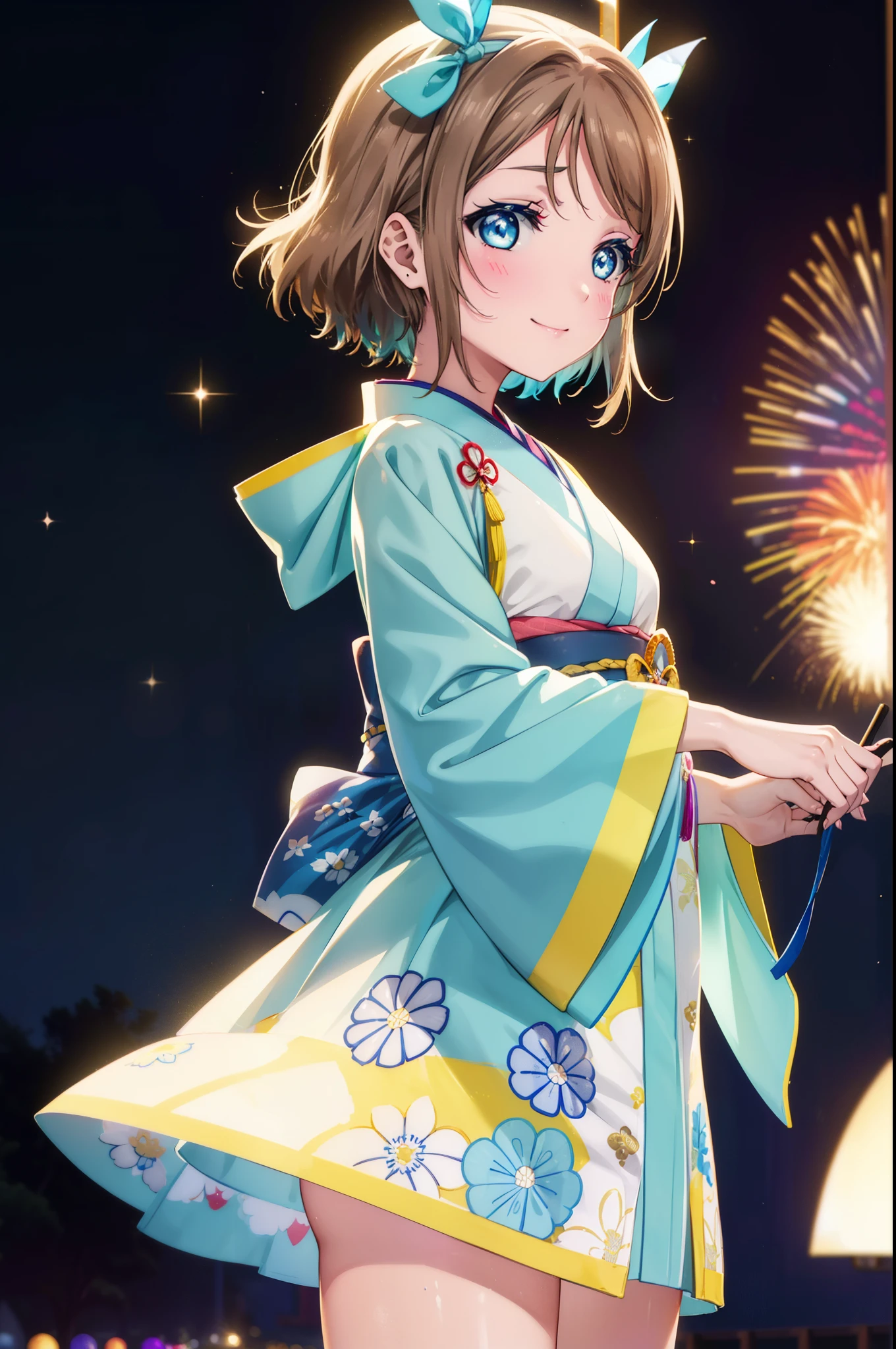 Yowatanabe, Watanabe Yo, short hair, blue eyes, brown hair, blush,Blue headband,happy smile, smile, Open your mouth,Gorgeous blue kimono,Thick sleeves,White tabi sandals,日本のfestival，夏festivalの屋台、Red lantern,Fireworks display,night,moonlight,
break outdoors, festival,
break looking at viewer, (Cowboy Shot:1.5),
break (masterpiece:1.2), highest quality, High resolution, unity 8k wallpaper, (figure:0.8), (Beautiful fine details:1.6), Highly detailed face, Perfect lighting, Highly detailed CG, (Perfect hands, Perfect Anatomy),