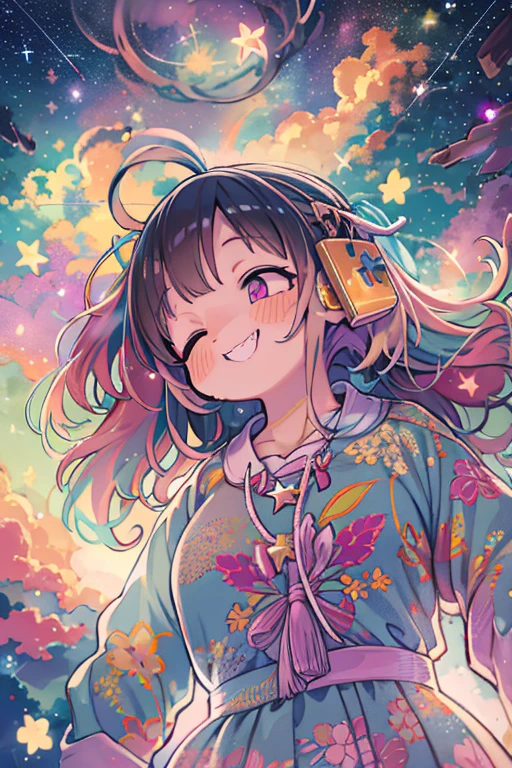 high detailing, Super Detail, 超A high resolution, Girl enjoying time in the galaxy of dreams, surrounded by stars, Warm light sprinkled on her, Starry sky with colorful galaxies and galactic clouds in the background, Stars flying around her, Delicate face, Add a playful atmosphere ,