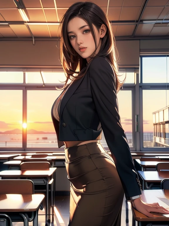 (8k,Photorealistic, masutepiece, Best Quality, Raw photo:1.3)、1girl in, 18years old,Solo,school girl, Long hair, Brown hair, Detailed beautiful face, alluring face, (Detailed beautiful brown eyes:1.2), medium breasts,(cleavage cutout:0.3),(coverd nipples:1.1),(loose suit, sheer pencil Skirt :1.35), ( Perfect body skinny beauty: 1.4),( temptation Pose:1.3), (Looking at Viewer, front view,eyes focus:1.2), Detailed background, (sunset:1.2), classroom,fine detailed, intricate detailes, Ray tracing, depth of fields, seductive smile,classroom,