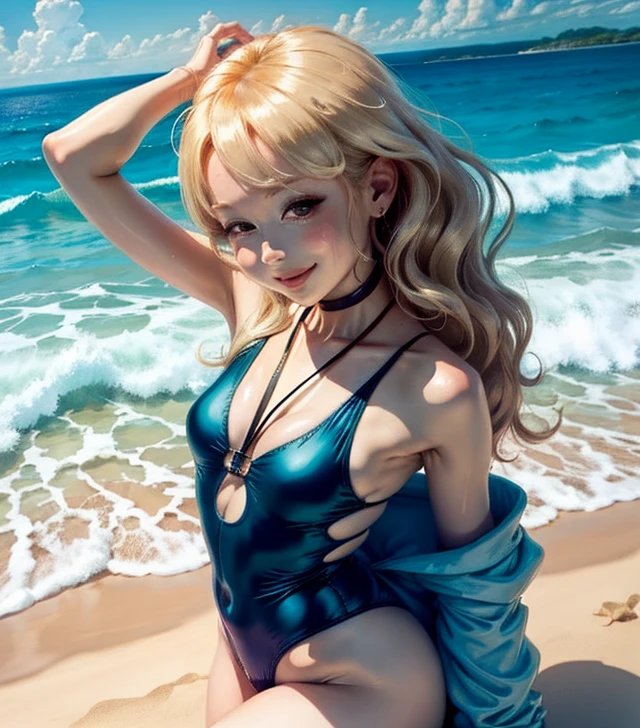 girl、alone、、One piece swimsuit、seductive pose、smile、Beach、Playing with the waves on the Beach、