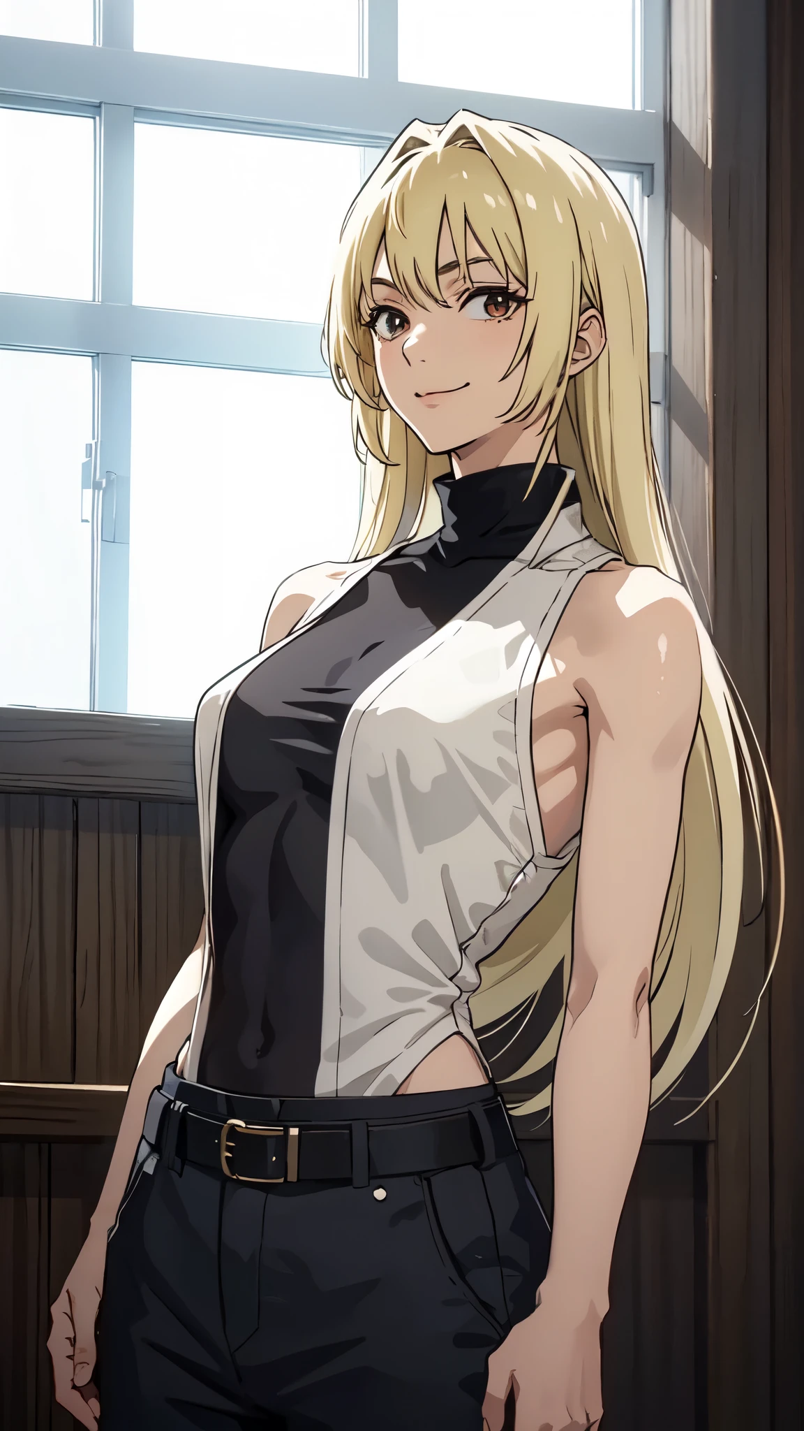 masterpiece, YukiTsukumo, 1girl, solo, long hair, brown eyes, looking at viewer, smile, blonde hair, shirt, bare shoulders, sleeveless, belt, pants, black shirt, window, turtleneck, backlighting, sleeveless turtleneck,  