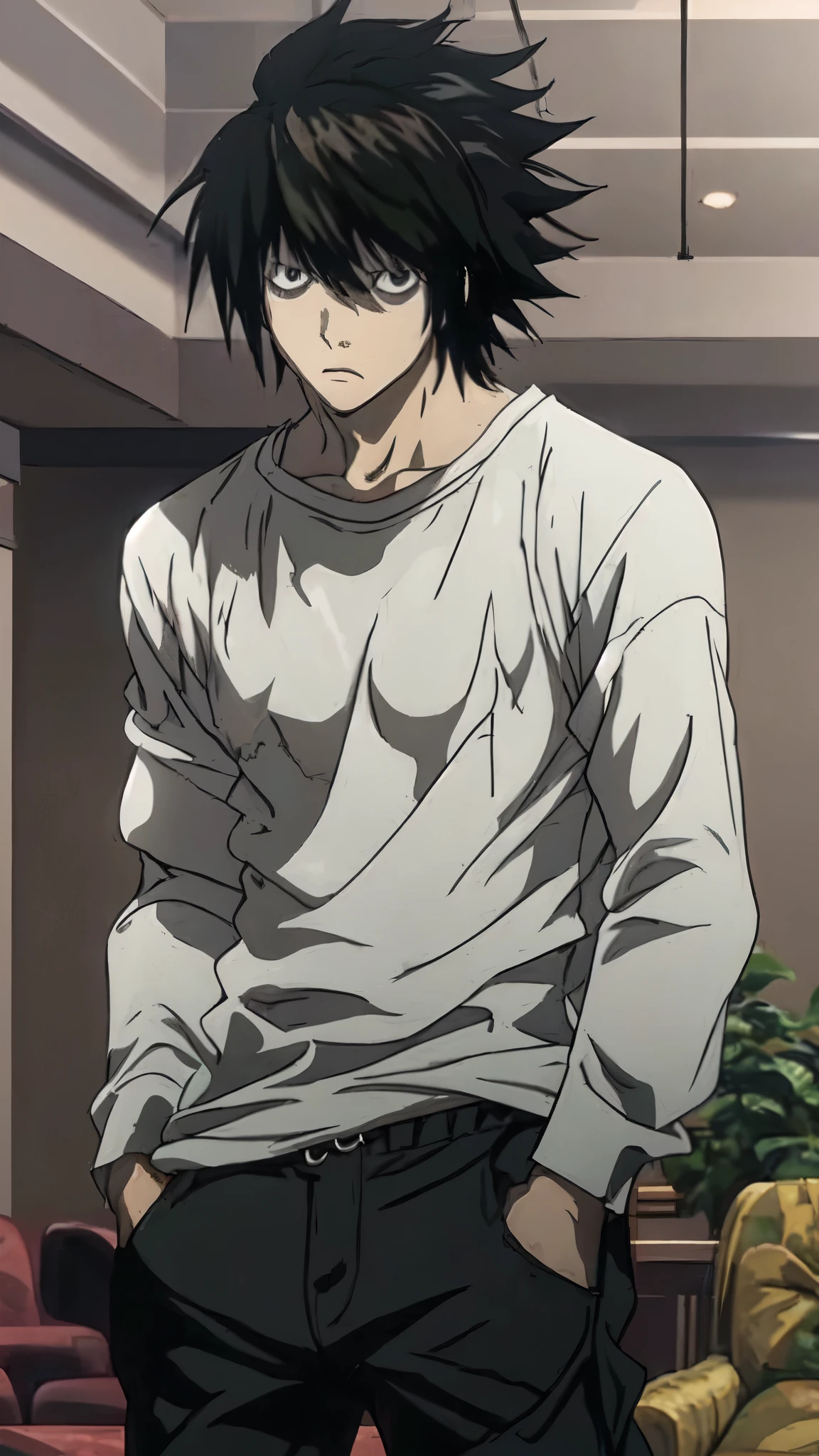 l, solo, looking at viewer, shirt, black hair, long sleeves, 1boy, closed mouth, standing, white shirt, male focus, cowboy shot, pants, indoors, black eyes, expressionless, spiked hair, hands in pockets, bags under eyes
