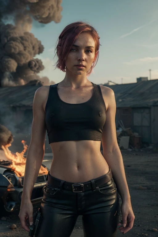 ((Best quality, 8k, Masterpiece: 1.3)), ((5120x1440)), Sharp focus: 1.2, Full body, perfect, pale skin, muscular, 30 year woman, Human Anatomy, Small nose, ripped jeans with a small Top and army vest, Pink hair with orange/blue highlights, blue eyes, short hair, Leather pants, tank top, average build, Zombie apocalypse, smokey atomsphere, background of city burning, gunbelt, pistol ((Desert Eagle)), aimed finger on trigger, machete taped to her leg, Assault rifle (MP5), (special attention to skin detail:1.2), detailed leather texture, skin pores, spooky atmosphere, (pale skin), Adult, Photorealism, Taken with, Canon EOS 4000D DSLR Hyperrealistic, ((portrait, close to camera)) Hyperrealistic, splash art, concept art, mid shot, intricately detailed, color depth, dramatic, 2/3 face angle, side light, colorful background, looking at viewer, smoke in sky, Burning, depth of field,