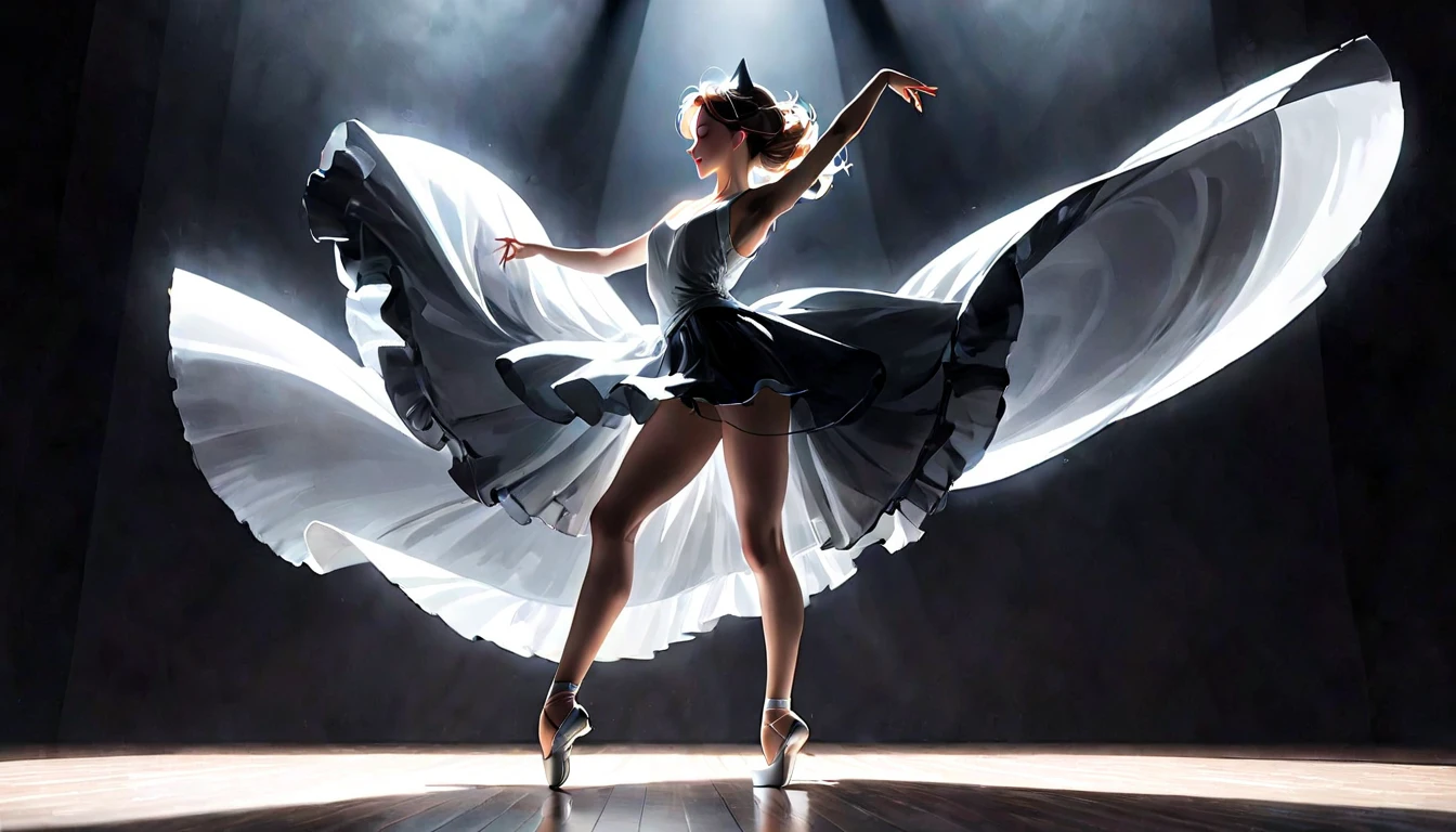 Generate an image of a woman dancing from a low angle with a distinctive composition that emphasizes movement and grace. Capture the fluidity of her movements and the dynamic energy of the dance in a visually striking way. Utilize unique lighting and angles to create a visually engaging and artistically expressive representation of the dance performance.chat ear