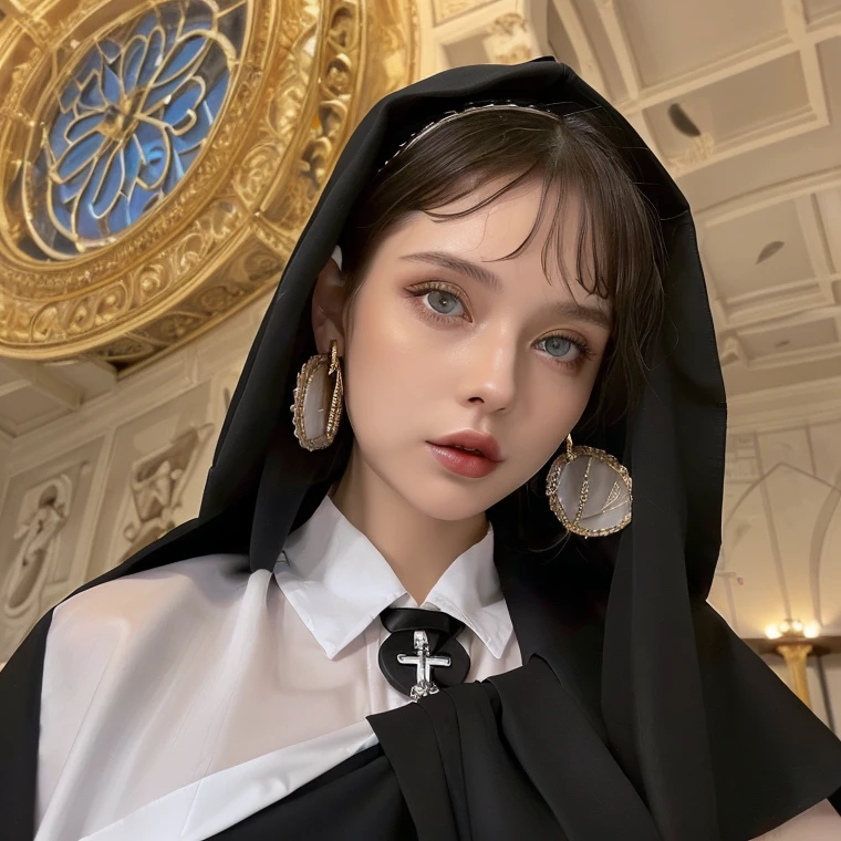 (4k), (highest quality), (best details), (realistic),cute french girl、whole body、blonde hair、wearing a dark blue cassock、Inside the submerged ruined chapel、pray、profile、very high nose