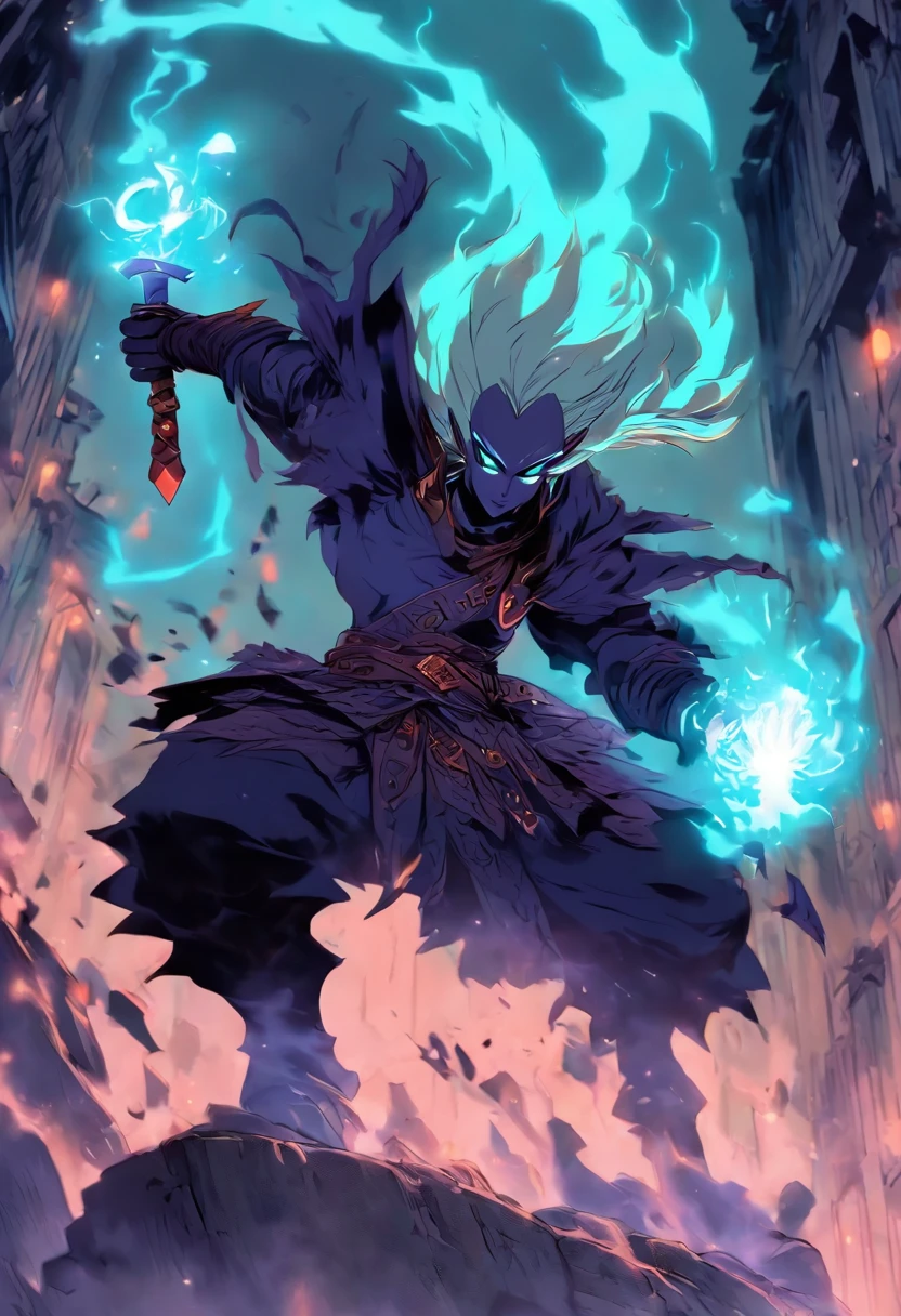 un drow elfo de pelo negro y largo, con un martillo de guerra, tiene una armadura de cota de malla, is fighting creatures of the night, un resplandor a su alrededor deja ver que es un paladin, tonos oscuros, 80s anime still, Moda retro, Dungeon and Dragons Character Dark Fantasy Digital Art Muted Colors, Colores retro apagados