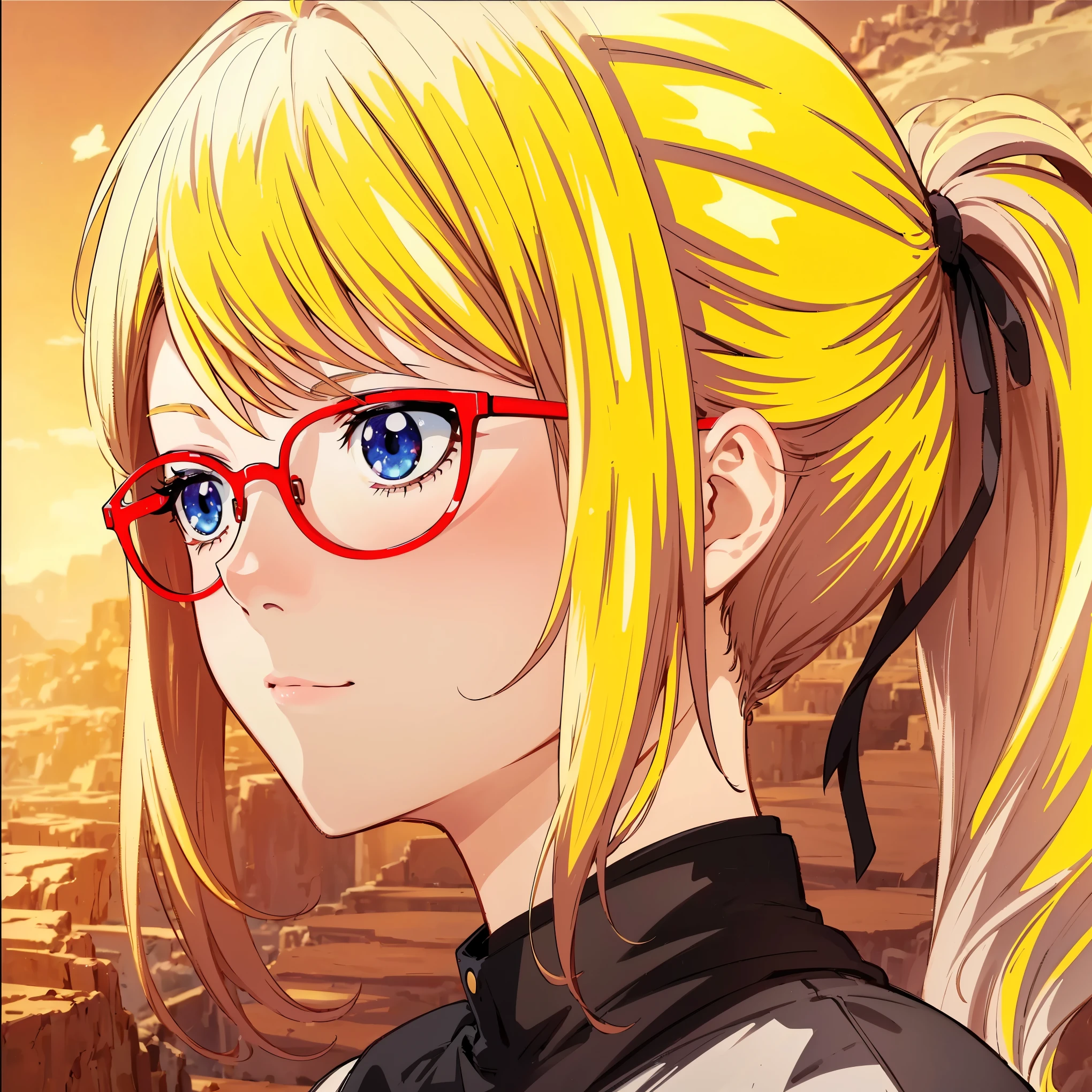 (best quality,4k,8k,highres,masterpiece:1.2),ultra-detailed,(realistic,photorealistic,photo-realistic:1.37),colorful anime,portrait,sad girl,red glasses,ponytail,vibrant colors,sparkling eyes,blonde hair,innocent smile,sunshine filtering,soft lighting,background filled with sunset skies,soft breeze,blushing cheeks,playful expression,anime style shading,delicate line art,scenic landscape