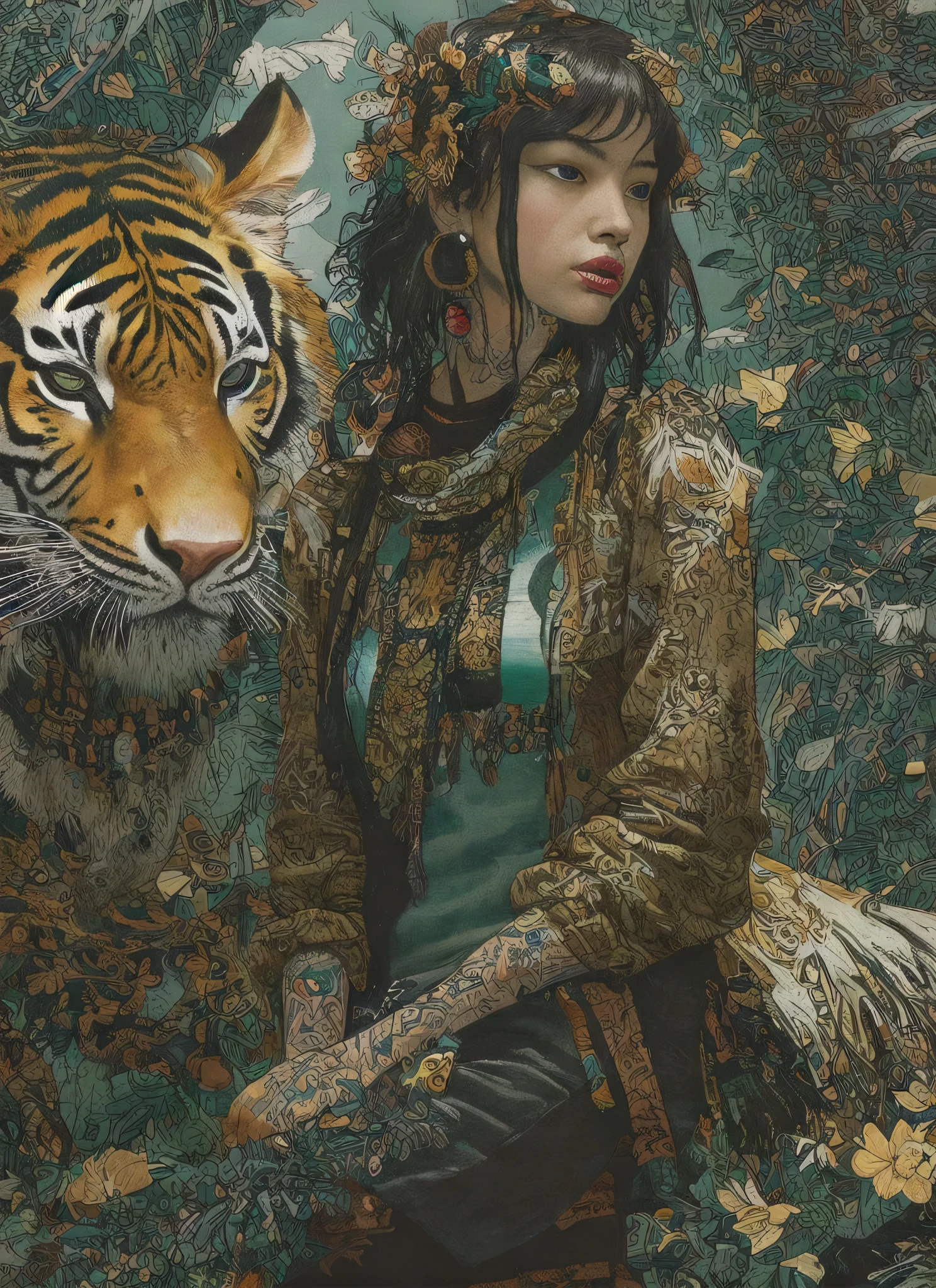 znchn style, formal, masterpiece, beautiful, High Contrast, art, face focus portrait, Cute girl in fantasy clothes, Tiger, Leather clothing, Facing audience, Hands at your side, Flowers, brown hair, Blunt bangs, long hair on the shoulders,  lips eyelashes, forest,　scarf, figure, Subtle colors, profile, Subtle colors, post grunge, concept art, Paint splatter, Intricate details. Very detailed, Fine grain, Trending on artstation, by josan gonzales and wlop, By James Jean,  David Rabun, Mike Mignola, Laurie Greasley,Ultra high definition