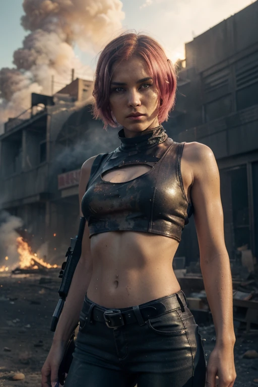 ((Best quality, 8k, Masterpiece: 1.3)), ((5120x1440)), Sharp focus: 1.2, Full body, perfect, pale skin, muscular, 30 year woman, Human Anatomy, Small nose, ripped jeans with a small Top and army vest, Pink hair with orange/blue highlights, blue eyes, short hair, Leather pants, tank top, average build, Zombie apocalypse,  smokey atomsphere, background of city burning, gunbelt, armed with a pistol ((Desert Eagle)), has a machete straped to her left leg, armed with a Assault rifle (M4), (special attention to skin detail:1.2), detailed leather texture, skin pores, spooky atmosphere, (pale skin), Adult, Photorealism, Taken with, Canon EOS 4000D DSLR Hyperrealistic, ((portrait, close to camera)) Hyperrealistic, splash art, concept art, mid shot, intricately detailed, color depth, dramatic, 2/3 face angle, side light, colorful background, looking at viewer, smoke in sky, Burning, depth of field,