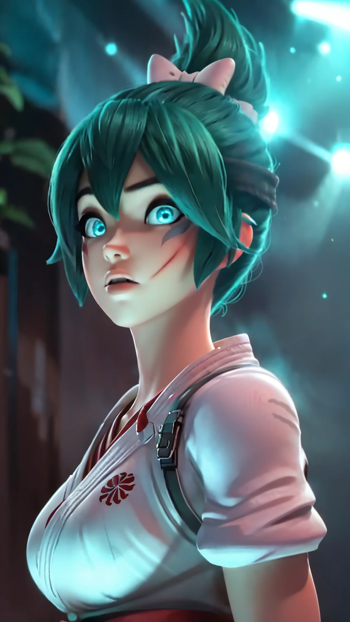 realistic, realism, photorealism, photo-realistic, high contrast, (photorealistic:1.4), 8k high definition detailed realistic, (best quality, masterpiece:1.2), NSFW,  photon mapping, radiosity, physically-based rendering, best quality, highly detailed, 1girl,  owkiriko, green hair:0.6, looks at the viewer, red dress, ((glowing eyes)), (blue eyes), outdoor, crowd, from below,