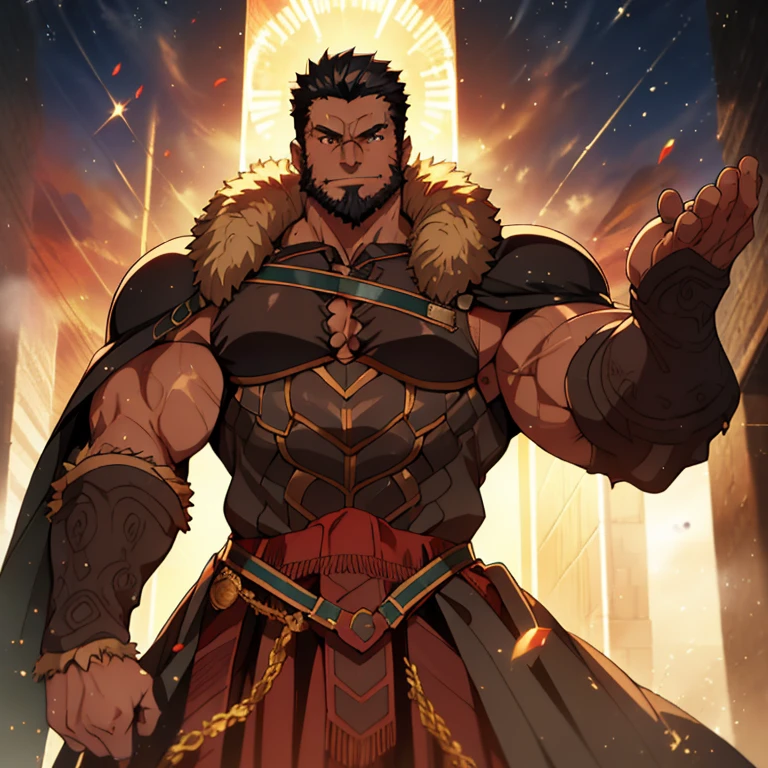 Anime, Um homem alpha poderoso, perverso, nervoso, 40 years old, rei supremo, lorde imponente, wearing very tight black robe and armor, large pectorals, muscular chest, olhando para o espectador, pose sexy, facial expression of hatred, olhos de cor vermelha, black hair and beard, ambiente iluminado por magia flamejante, Obra-prima maravilhosa altamente detalhada, beautiful cinematic light deep focus, elegante, pintura digital, liso, sharp focus, golden ratio, dramatic lighting, 8k, pixiv, bara