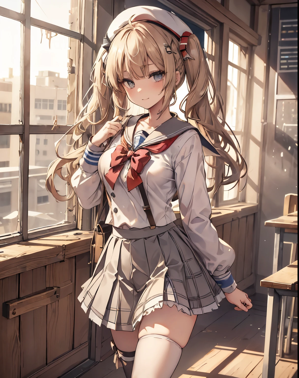 masterpiece, 1girl, sparrow, a blonde haired girl, wearing a white sailor clothes, curly long hair, messy hair, slim body, he close her left eye, shirt ornament, red eyes, sho show her back, ahoge, baby face, big breast, beautiful breasts, rounded breasts, braid hair, beret, long sleeves, beautiful eyes, white stocking, droopy eyes, miniskirt, grey skirt, plaid skirt, her age is 19 years old, beret, cheerful expression, school, bowtie, sailor collar, pleated skirt, twintail
