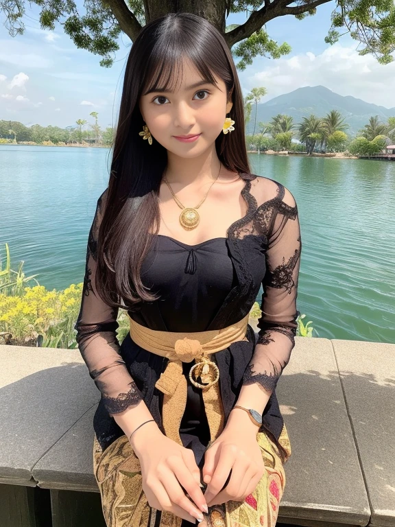 Hyperrealism, 8k, textured skin, masterpiece, best quality, super detailed, beautiful, very detailed, absurd, perfect anatomy, best anatomy, Indonesian girl, 20 years old, epic skin, long black brown hair, beautiful face, perfect anatomy, wearing earrings gold, gold necklace, bracelet, wearing a white traditional Indonesian kebaya, wearing brown Indonesian tapih batik with an intricate pattern, (large breasts), sitting by the lake holding a cup of coffee: 1.2, holding a cup of hot coffee, enjoying the coffee and the view, the view is very beautiful, ((some flying birds: 1.2)), ((flowers by the lake: 1.2)), lotus flowers in the water: 1.0, ((fish appear in the water: 1.2))the atmosphere is very realistic: 1.5, side angle shot, tricky, wide shot, canon, fujifilm, photo realistic, best color, expert photography.