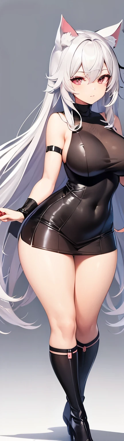 highest quality High resolution A young beautiful woman Red eyes Beautiful gray hair Medium Perm cute soft girl Cat ear A virgin killer with amazing breasts BBW open your legs vertically Standing on one leg Love love heart mark