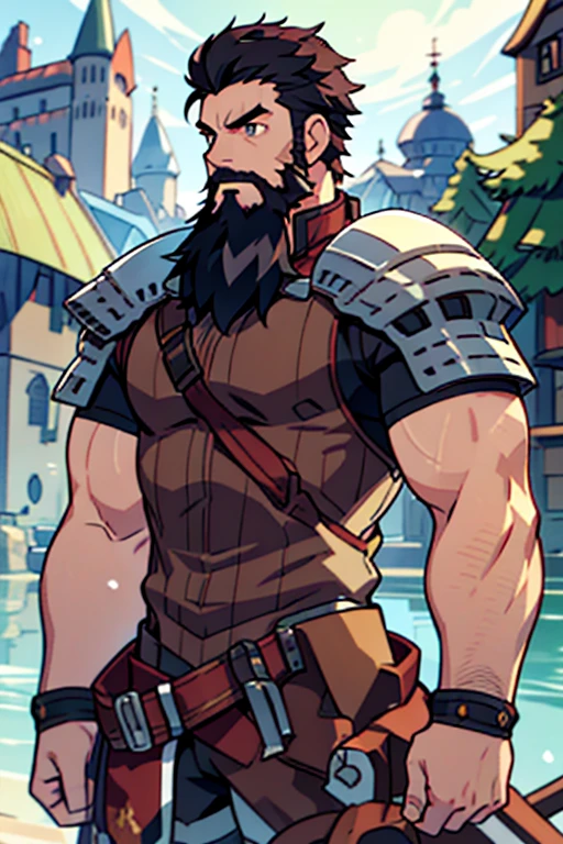 Large medieval kingdom in the background, old mature muscular male, black hair, very short hair, cropped military hairstyle, ((black beard))), ((thick beard)), (((full beard))), ((long beard)), green eyes, bright eyes, 48 years old, muscular male, tall, Piece, athlete, bare biceps, Abs, chest, medieval armor, light armor, red armor, Mystical armor, Golden details on the armor, black details on the armor, elsword style armor, ((arms exposed)), thick beard, Neutral face, cowboy shot, high resolution:1.2, best quality, master part, daylight, Reflection of lens, upper body shot