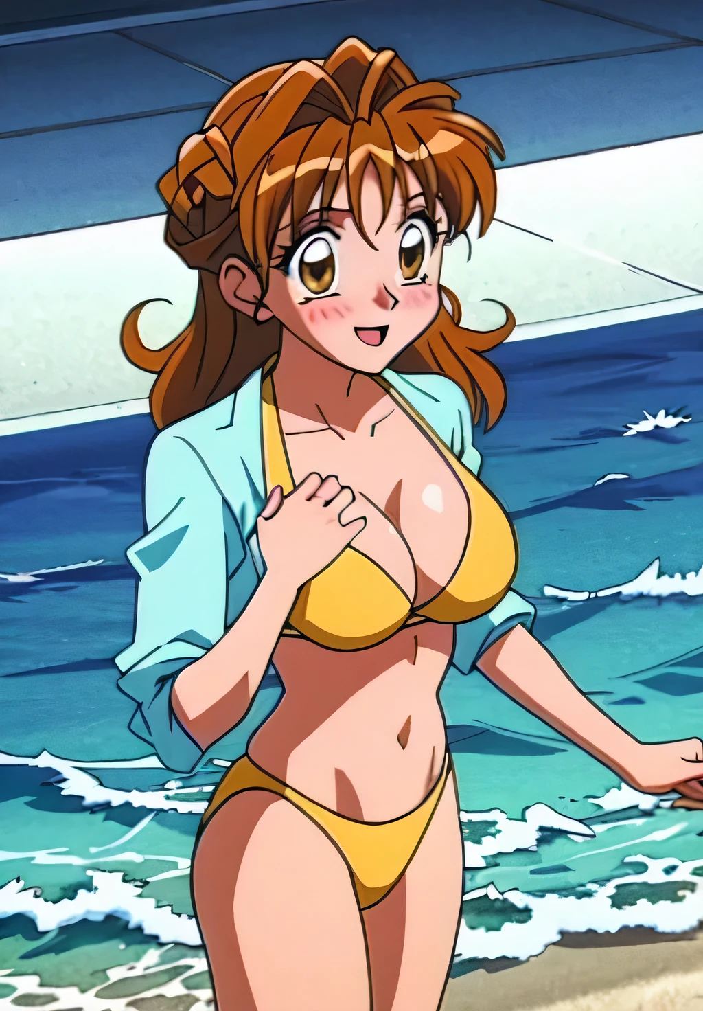 Ocean,bikini,Swimwear, pupil_Brown,blush, Open_mouth,Embarrassing,A man grabs my chest,Surrounded by men,Maron,smile,Swimwear,bikini,masterpiece, expensive quality, very_expensive_solve, big_file size, Full Color,