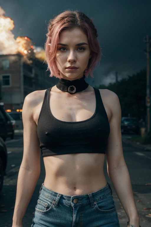 ((Best quality, 8k, Masterpiece: 1.3)), ((5120x1440)), Sharp focus: 1.2, Full body, perfect, pale skin, muscular, 30 year woman, Human Anatomy, Small nose, ripped jeans with army vest, Pink hair with orange/blue highlights, blue eyes, short hair, tank top, average build, Zombie apocalypse,  smokey atomsphere, background of city burning, gunbelt, armed with a pistol, has a machete, armed with a Assault rifle (M4), (special attention to skin detail:1.2), detailed leather texture, skin pores, spooky atmosphere, (pale skin), Adult, Photorealism, Taken with, Canon EOS 4000D DSLR Hyperrealistic, ((portrait, close to camera)) Hyperrealistic, splash art, concept art, mid shot, intricately detailed, color depth, dramatic, 2/3 face angle, side light, colorful background, looking at viewer, smoke in sky, Burning, depth of field,