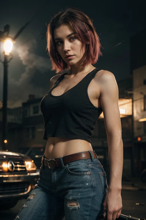 ((Best quality, 8k, Masterpiece: 1.3)), ((5120x1440)), Sharp focus: 1.2, Full body, perfect, pale skin, muscular, 30 year woman, Human Anatomy, Small nose, ripped jeans with army vest, Pink hair with orange/blue highlights, blue eyes, short hair, tank top, average build, Zombie apocalypse, smokey atomsphere, background of city burning, gunbelt, armed with a pistol, has a machete, armed with a Assault rifle (M4), (special attention to skin detail:1.2), detailed leather texture, skin pores, spooky atmosphere, (pale skin), Adult, Photorealism, Taken with, Canon EOS 4000D DSLR Hyperrealistic, ((portrait, close to camera)) Hyperrealistic, splash art, concept art, mid shot, intricately detailed, color depth, dramatic, 2/3 face angle, side light, colorful background, looking at viewer, smoke in sky, Burning, depth of field,