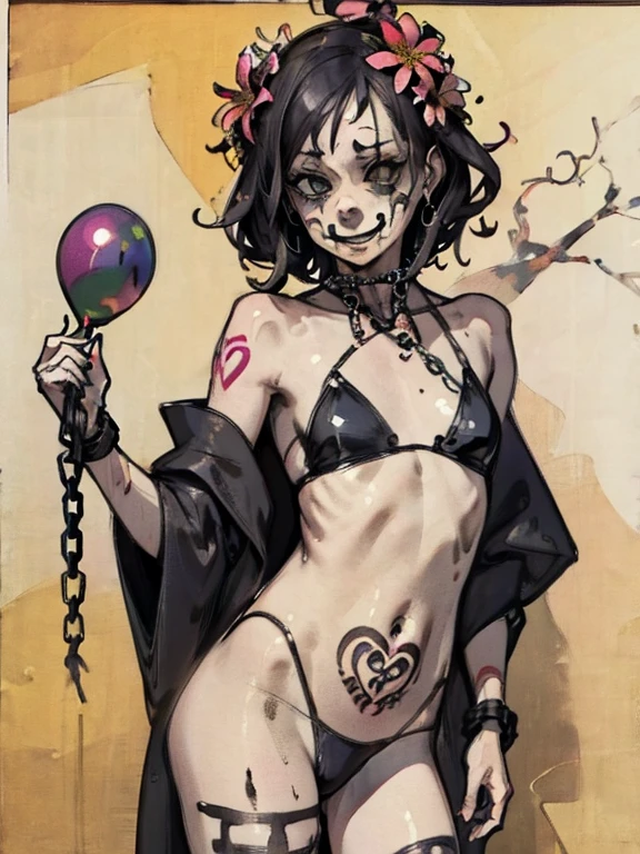 ((Background made up of chains and flowers))、scribble, nightmare, doll-like face, Manga style, rough sketch, Horror elements, (masterpiece), (High resolution), (Very delicate), (clear), Manga style illustration,Japanese painting, (spooky), crazy illustration, Flat Illustration, spooky外観, (Mr.々Colored hairstyles), Unique atmosphere、Small eyes、(Flat Chest), ((Muddy hair)),chain wrapped around body、((Creepy Tattoos))、Holding a balloon,Skin full of stitches,restrained by thick chains、(Colorful clown costumes)、Bold Pose