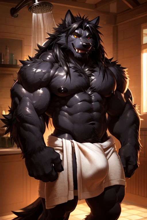 2d, masterpiece, best quality, 4k, 8k, ultra highres, raw photo in hdr, sharp focus, photo realism, real life like, detailed background, wolf anthro, wolf (((towel, black body, all black fur, no white fur, no fur pattern, plain fur, plain black fur, black fur, very long hair))), muscular male, big nipplck nipples, smiweat, (standing:1.2), dilf, daddy, fangs, big breasts, massicetailed big nipples, wide waist, broad sho strong thighs, white teeth, black hair, very long hair, beard, very large hands, big butt, big bulge, showering, detailed ground, hi res, perfect golden eyes, (by darkgem, by takemoto arashi, by anhes), Negative prompt: boring_e621_fluffyrock_v4, bad-hands-5, deformityv6