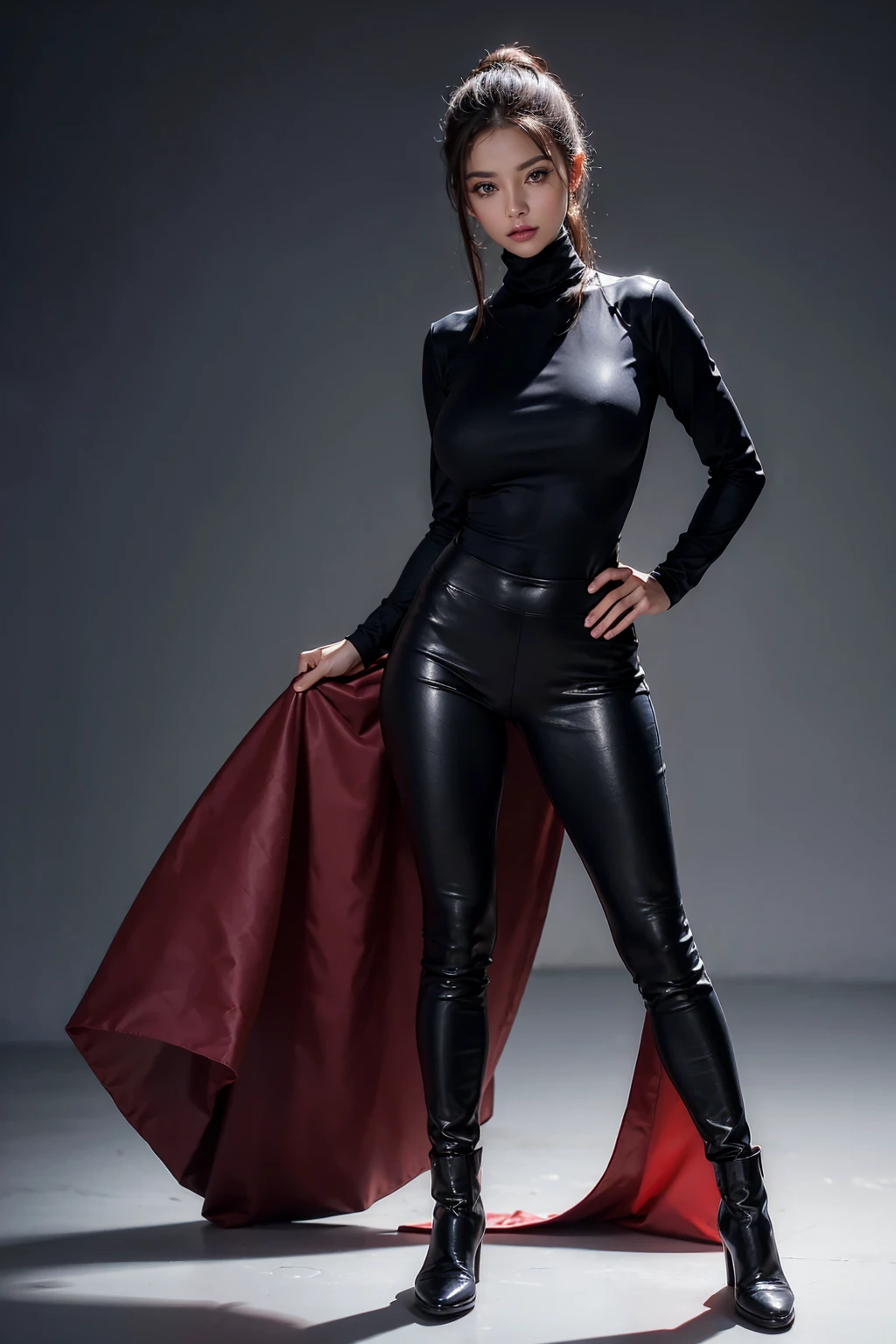 (((full image:1.5, full body, standing:1.8, facing viewer, the front body facing directly to the front of camera, show body from head to toe))), round huge breast, huge breast:1.5, tall body, strong and fit body, abdominal muscles:1.7, sexy long legs, pale skin, short hair with updo, ((standing)), a strong woman wearing turtleneck sleeves, wearing tight pants, leather shoes. High quality:1.3, Professional lighting:2.0 realistic:1.2, 4k resolution, detailed skin, finely detail, masterpiece:1.1, centered image